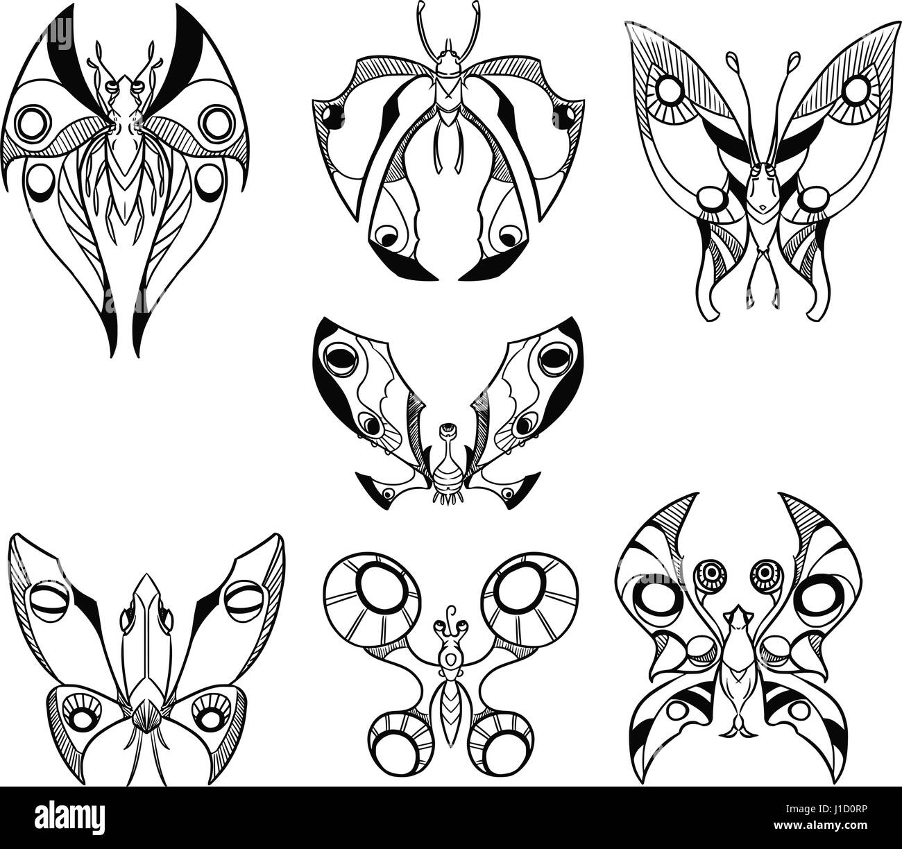 Set di sette vettore cartoon disegnati a mano butterfly come creature in vista dall'alto in basso Illustrazione Vettoriale