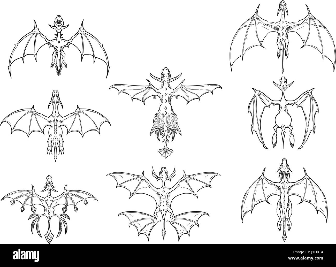 Set di otto cartoon vettore draghi stilizzati in vista dall'alto in basso Illustrazione Vettoriale