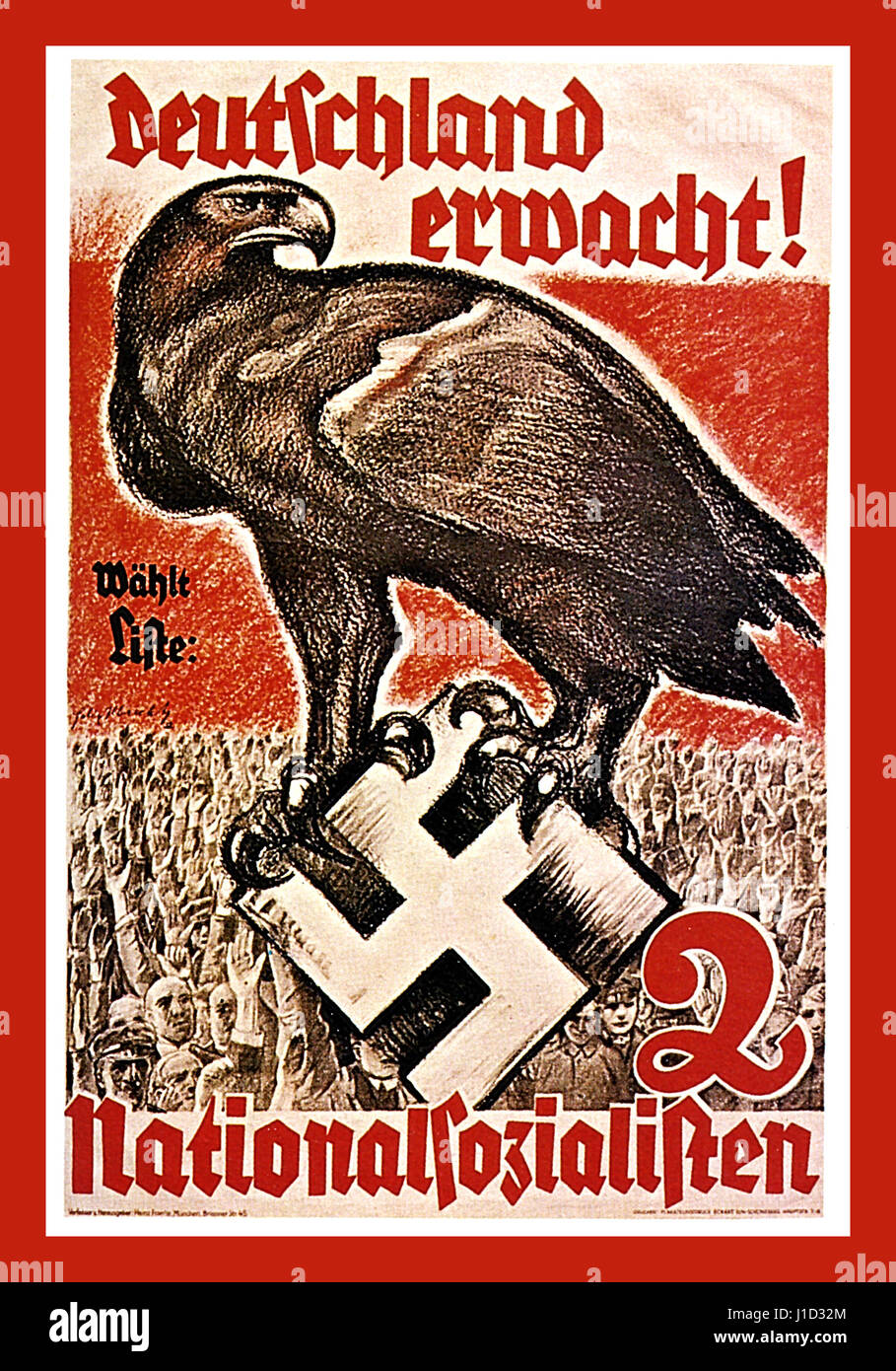 Germania Erwacht ! Manifesto della propaganda nazista tedesca degli anni '30 prima della guerra per il Partito nazionalsocialista che dice 'LA GERMANIA SVEGLIO' 'Scegli la vita' con un'aquila tedesca che stringe un simbolo scintillante di Swastika Foto Stock