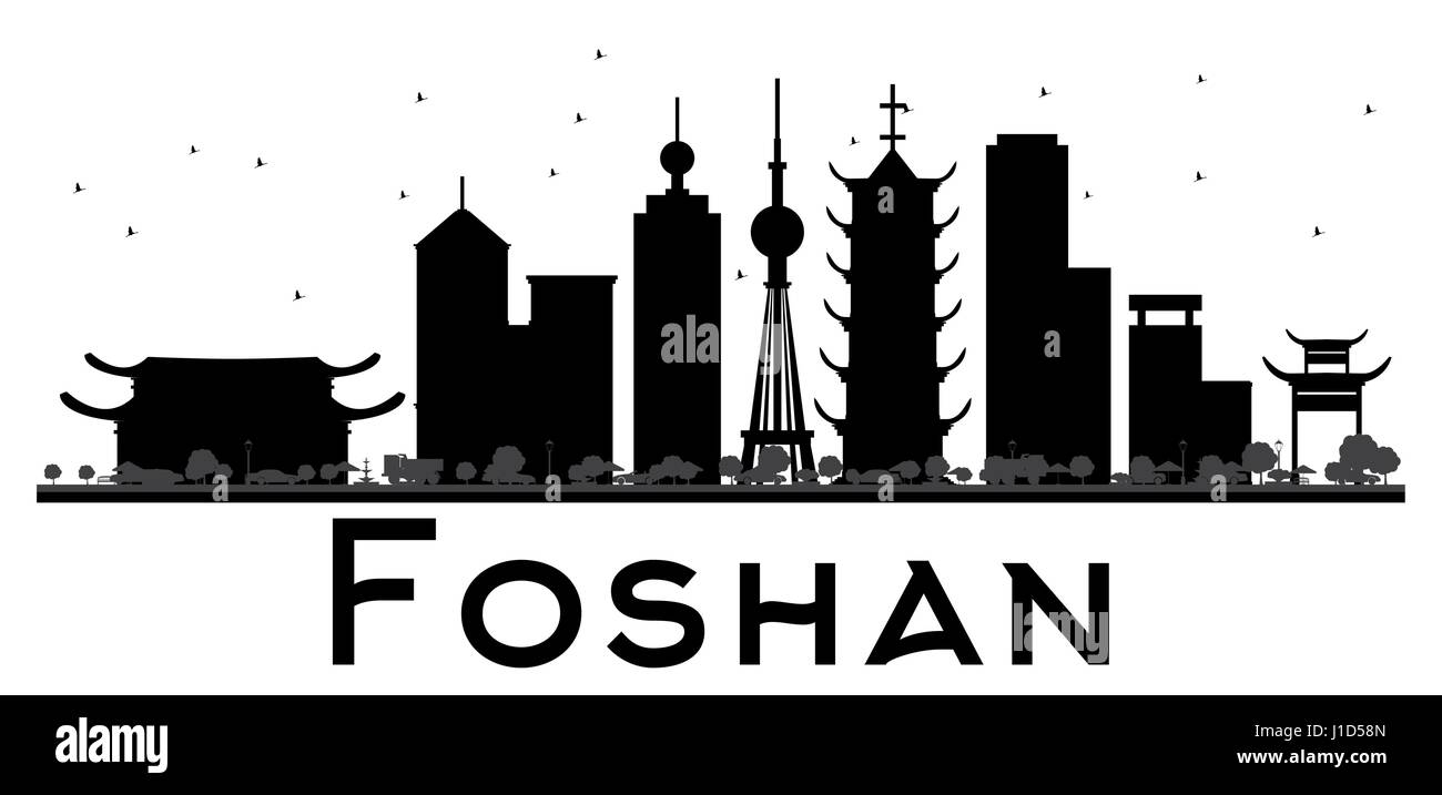 Foshan City skyline in bianco e nero silhouette. illustrazione vettoriale. semplice piatto concetto per il turismo presentazione, banner, cartellone o sito web. Illustrazione Vettoriale