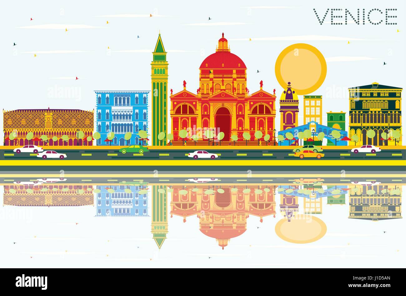 Lo skyline di Venezia con edifici di colore, cielo blu e riflessi. illustrazione vettoriale. viaggi di affari e di turismo con il concetto di architettura storica. Illustrazione Vettoriale