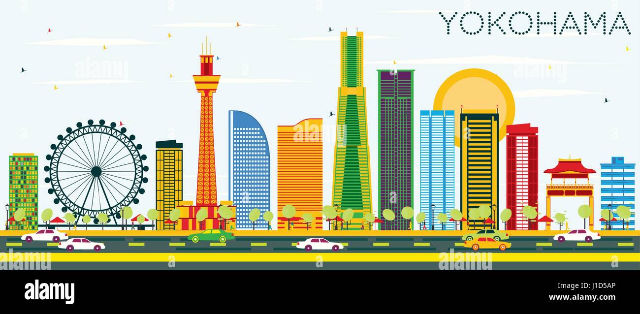 Lo skyline di Yokohama con edifici di colore e cielo blu. illustrazione vettoriale. viaggi di affari e di turismo con il concetto di architettura moderna. Illustrazione Vettoriale
