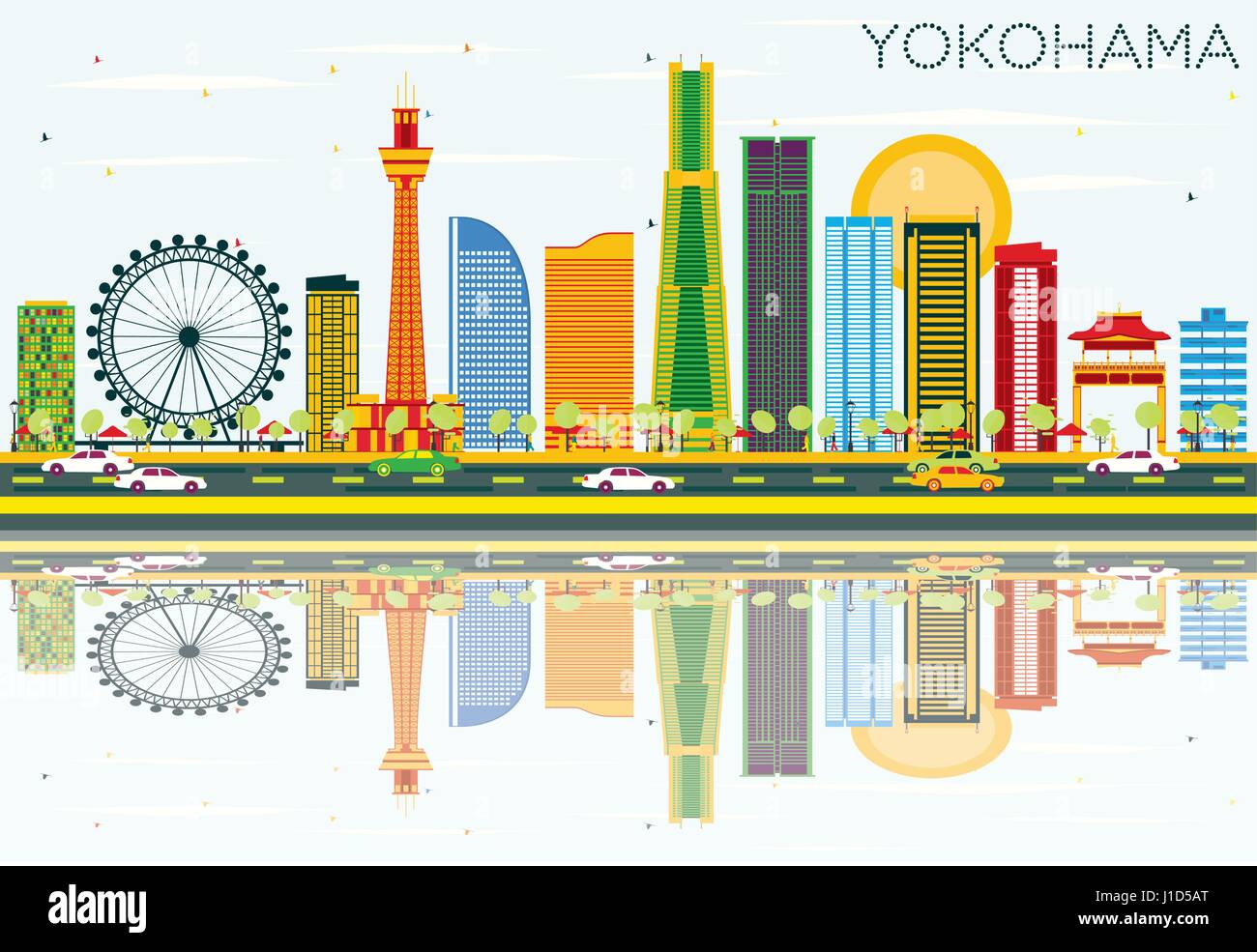 Lo skyline di Yokohama con edifici di colore, cielo blu e riflessi. illustrazione vettoriale. viaggi di affari e di turismo con il concetto di architettura moderna. Illustrazione Vettoriale
