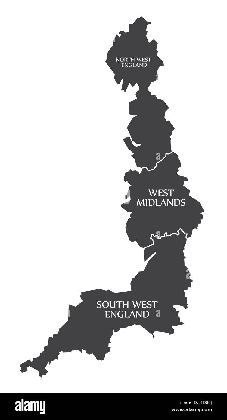 Costa occidentale dell'Inghilterra con il nord ovest Inghilterra - West Midlands - South West England Mappa illustrazione del Regno Unito Illustrazione Vettoriale