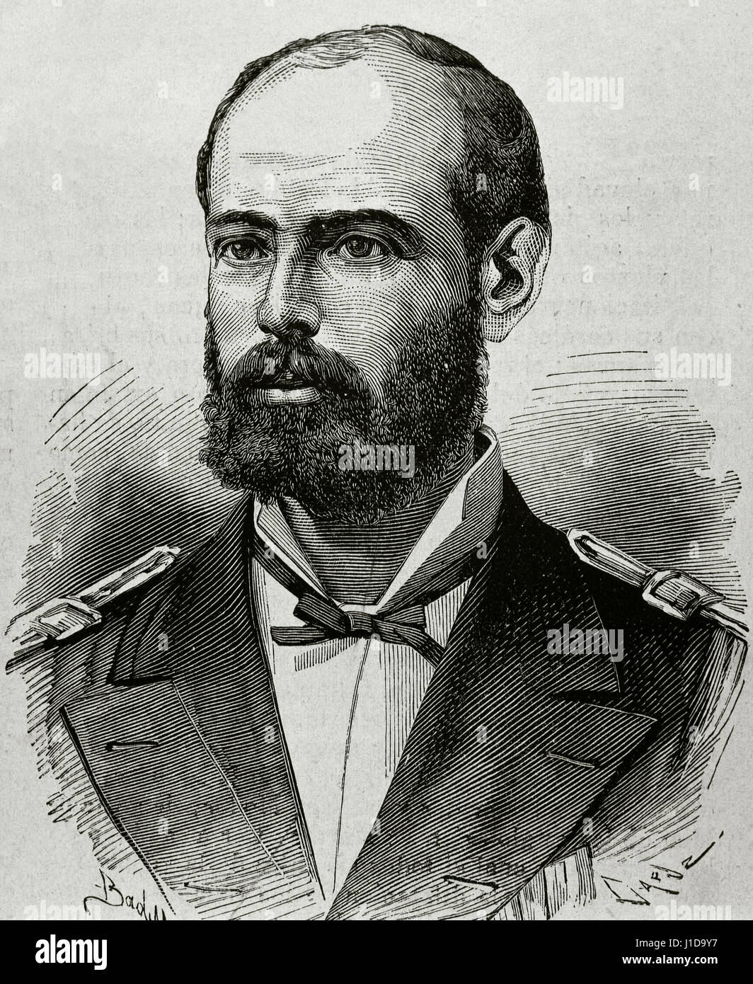 Arturo Prat (1848-1879). Avvocato cileno e ufficiale della marina. Morì dopo aver imbarcato il peruviano Huascar alla battaglia navale di Iquique dopo la nave sotto il suo comando, la Esmeralda, fu speronato. Ritratto. Incisione di Capuz in 'La Ilustracion Española y americana". Foto Stock