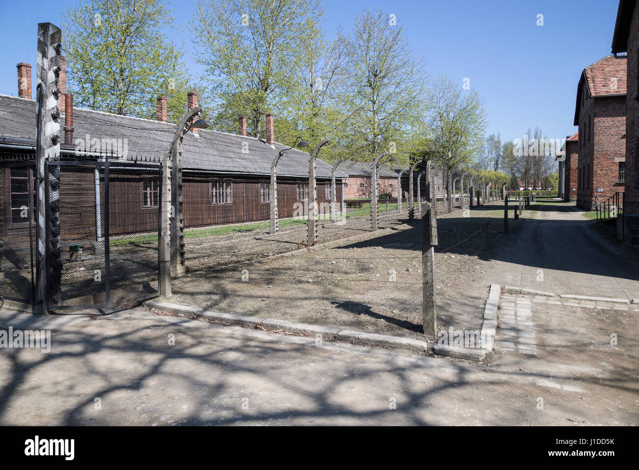 I blocchi di celle, il filo spinato e recinzioni elettriche nel campo di Auschwitz, Polonia Foto Stock