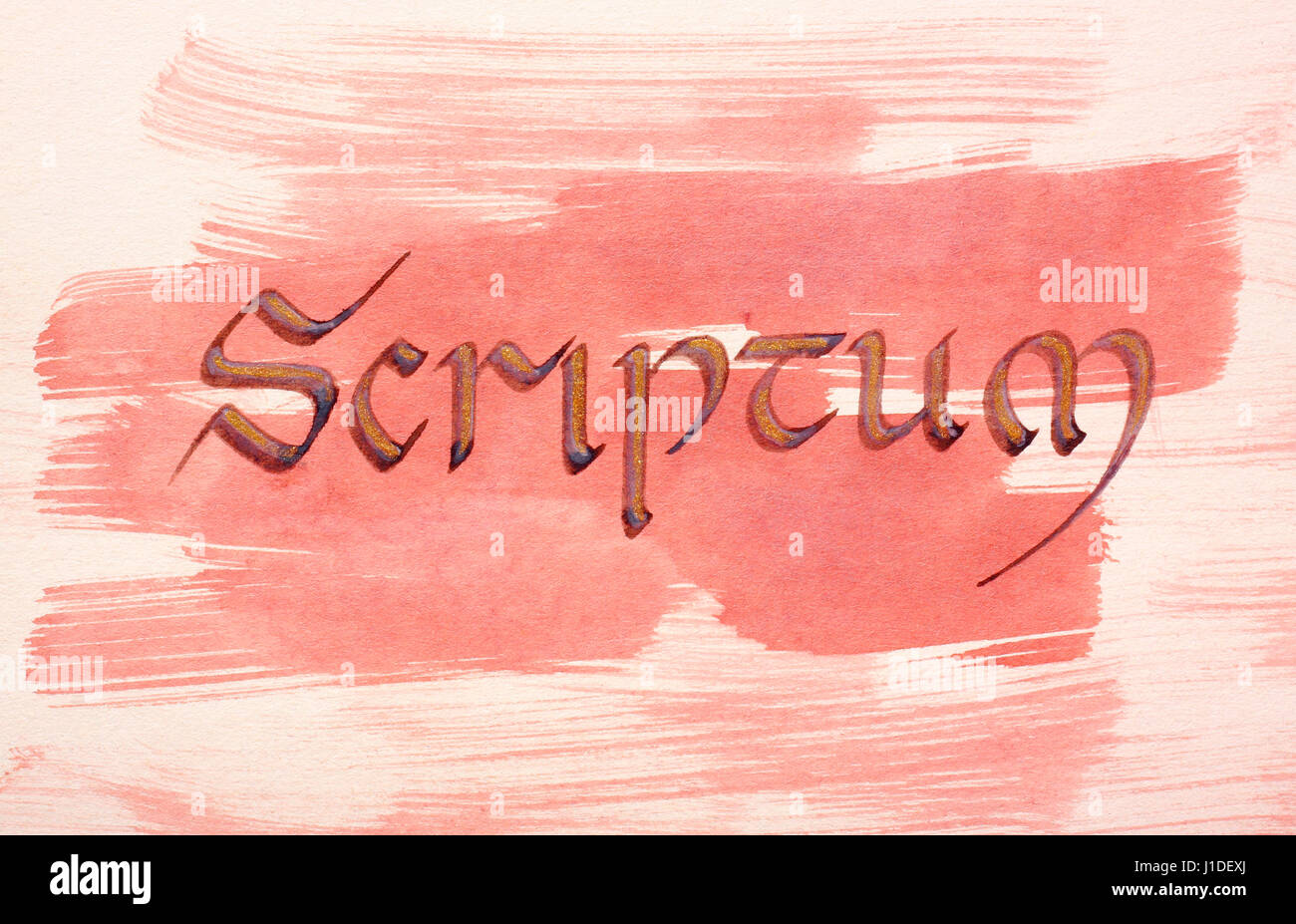 Manoscritti e dipinto di parola scriptum (scrittura, latino medioevale script) sulla carta verniciata Foto Stock