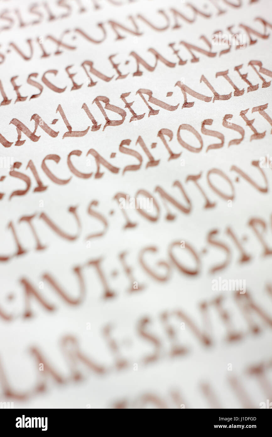 Vista ravvicinata della scrittura antica. Rustico romano capitelli (littera capitalis rustica). Foto Stock