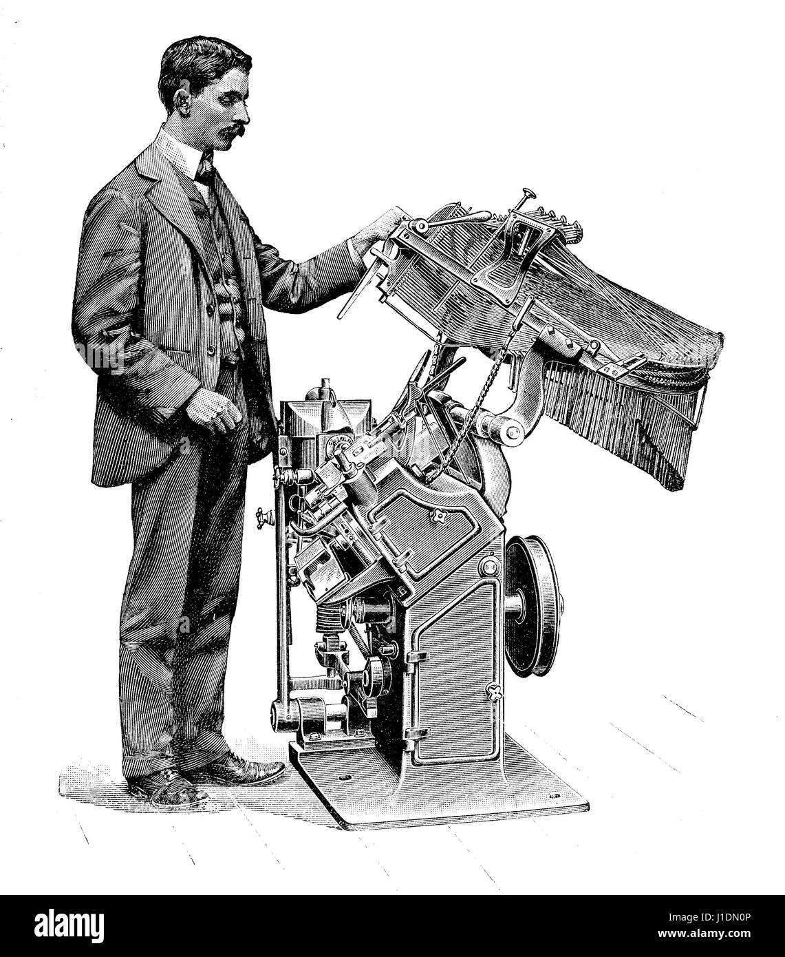 Tipografia,l'uomo lavora a typesetting macchina per la composizione di stampa, XIX secolo Foto Stock
