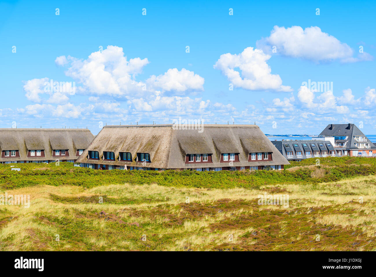 Vista di tipiche case con tetti di paglia a Kampen villaggio sulla costa occidentale dell isola di Sylt, Germania Foto Stock