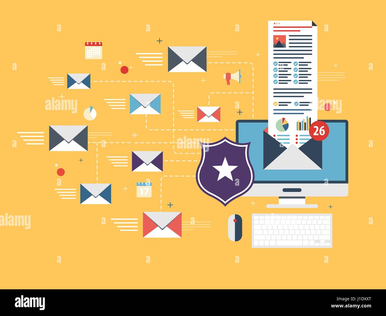 Computer con software antivirus per la protezione, sicurezza e blocco di ricevere spam via posta elettronica. Spam blocker. La protezione della posta elettronica e la comunicazione sicura su i Illustrazione Vettoriale
