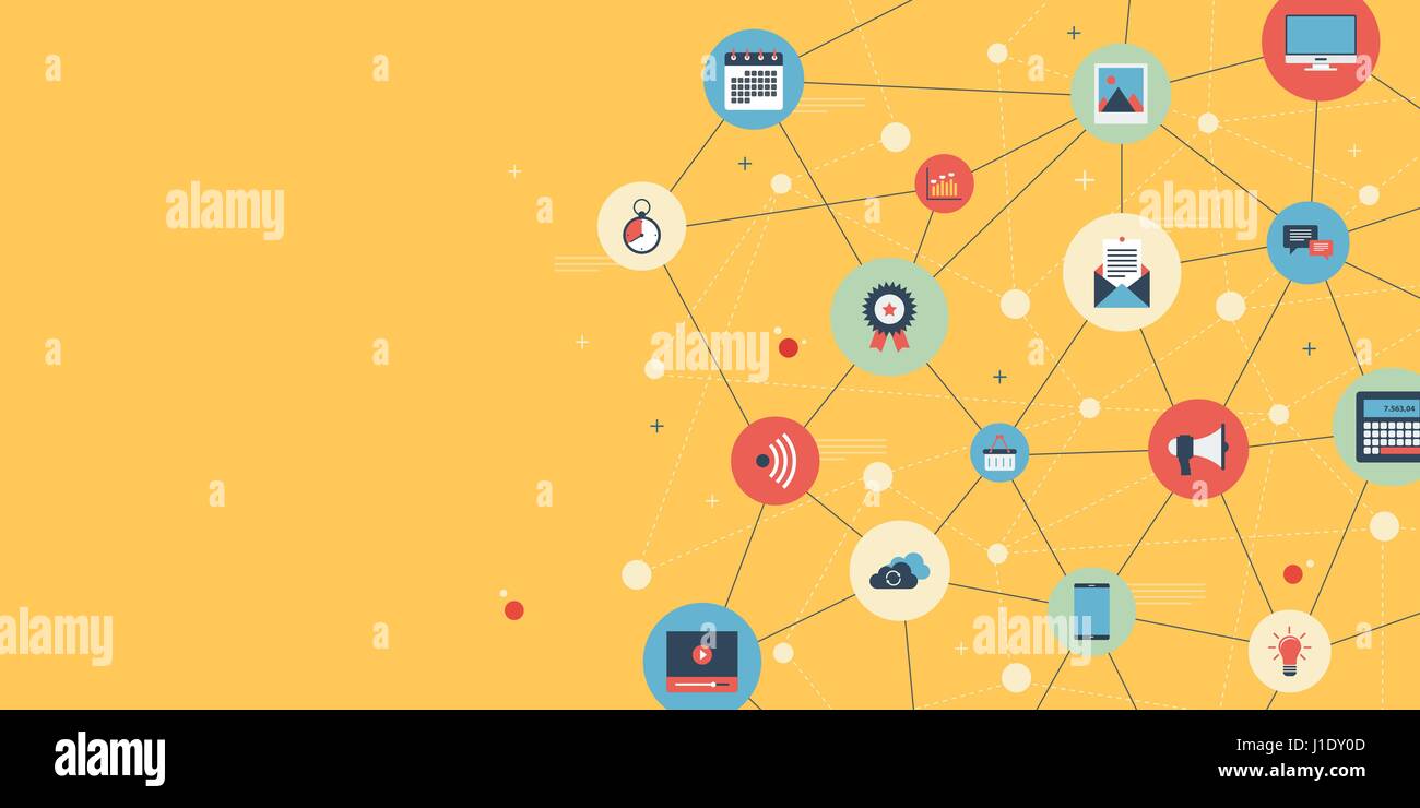 Social media network. Business di contenuti digitali per il marketing online di connessione. Simboli collegati per il digitale, interattivo, mercato, collegare, communica Illustrazione Vettoriale