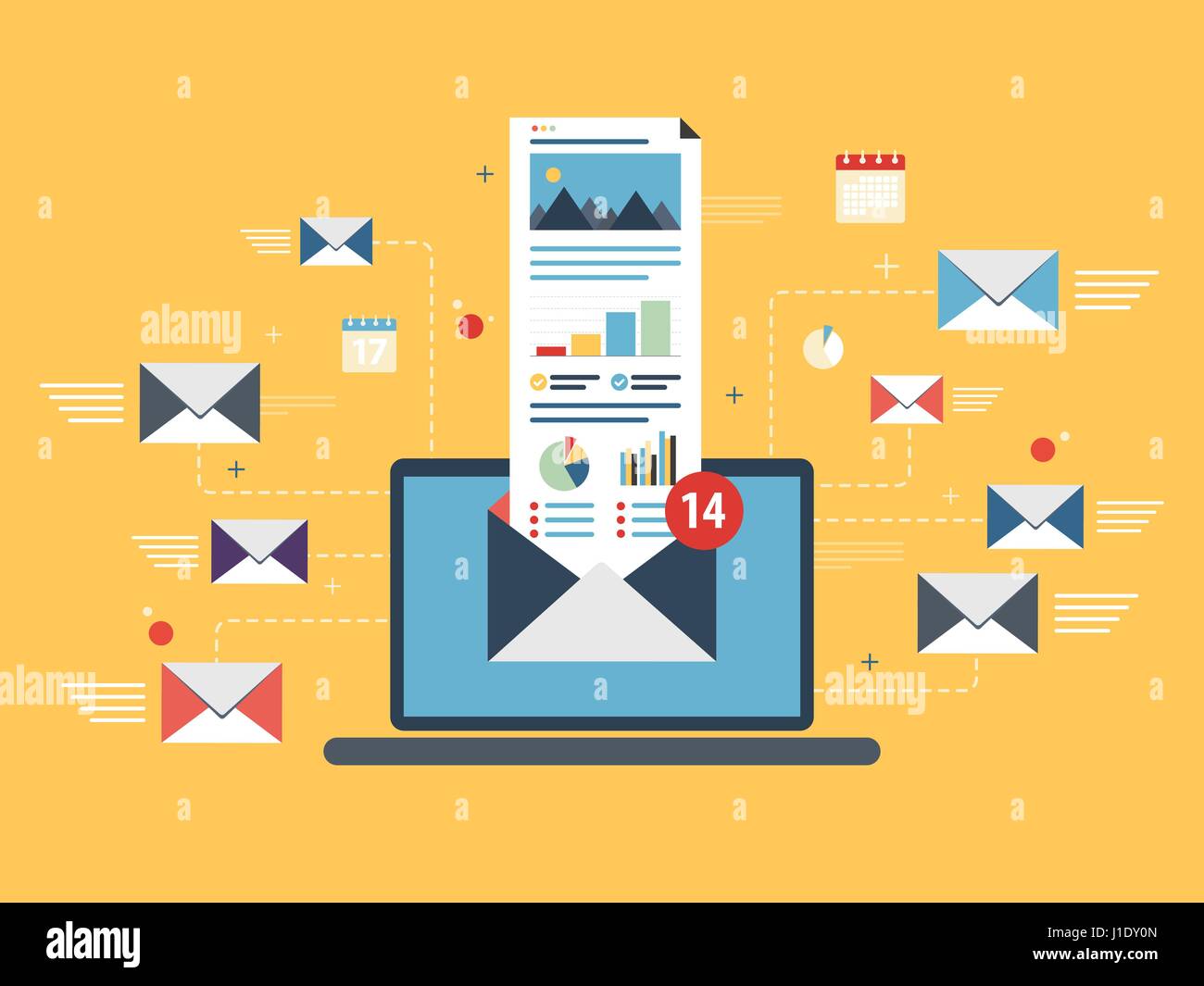 Computer portatile con la busta e aprire la posta elettronica sullo schermo. Email marketing pubblicità su internet i concetti. Appartamento illustrazione vettoriale. Illustrazione Vettoriale