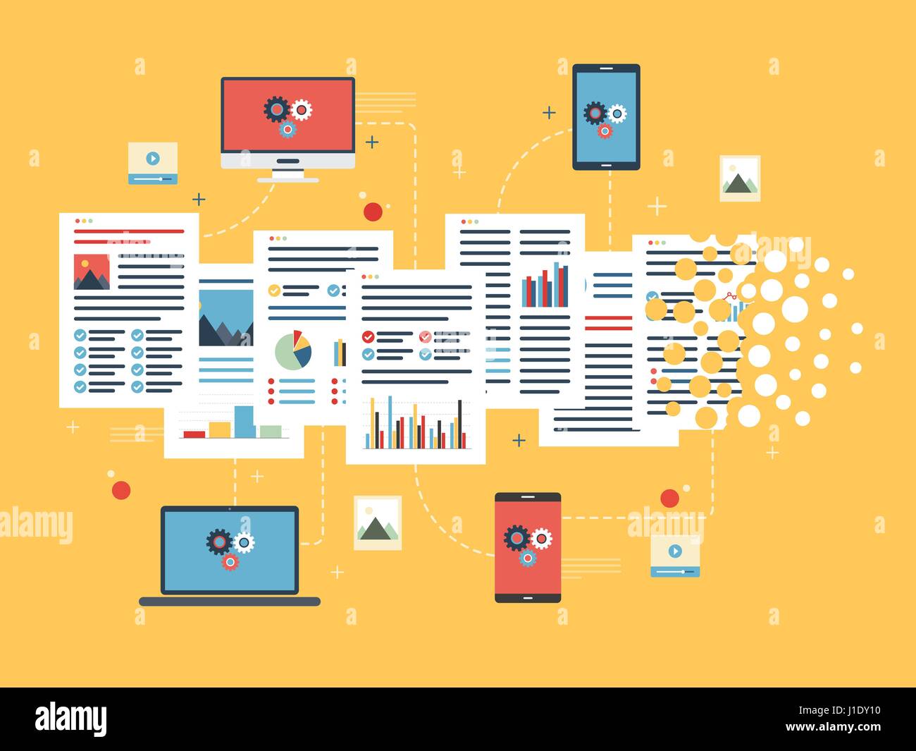Laptop, computer e telefono cellulare eliminando arquivos e documentos. Appartamento illustrazione vettoriale. Illustrazione Vettoriale
