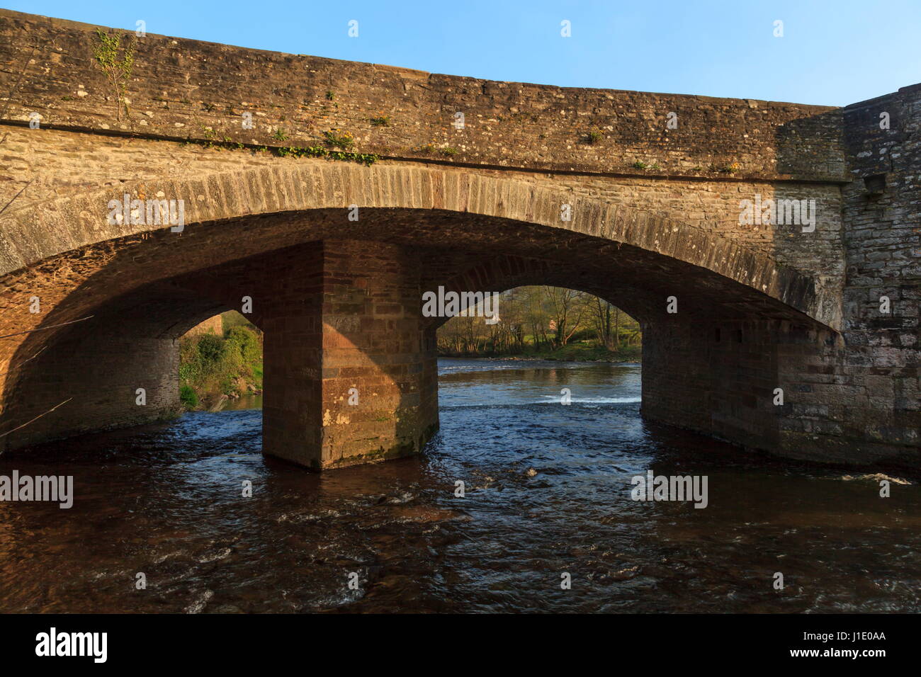Archi insolito sul ponte che attraversa il fiume Usk nella piccola città di Crickhowell, Parco Nazionale di Brecon Beacons Foto Stock