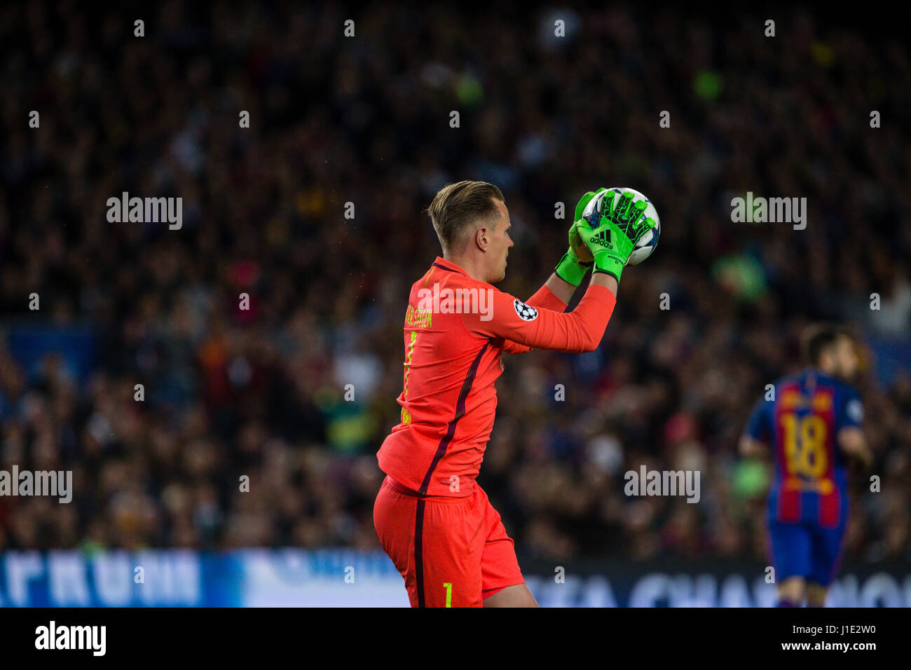 Marc Andre Ter Stegen durante la UEFA Champions League quarti di finale della seconda gamba match tra FC Barcelona e la Juventus al Camp Nou Stadium il 19 aprile 2017 a Barcellona, Spagna. Foto: Cronos/Urbanandsport Foto Stock