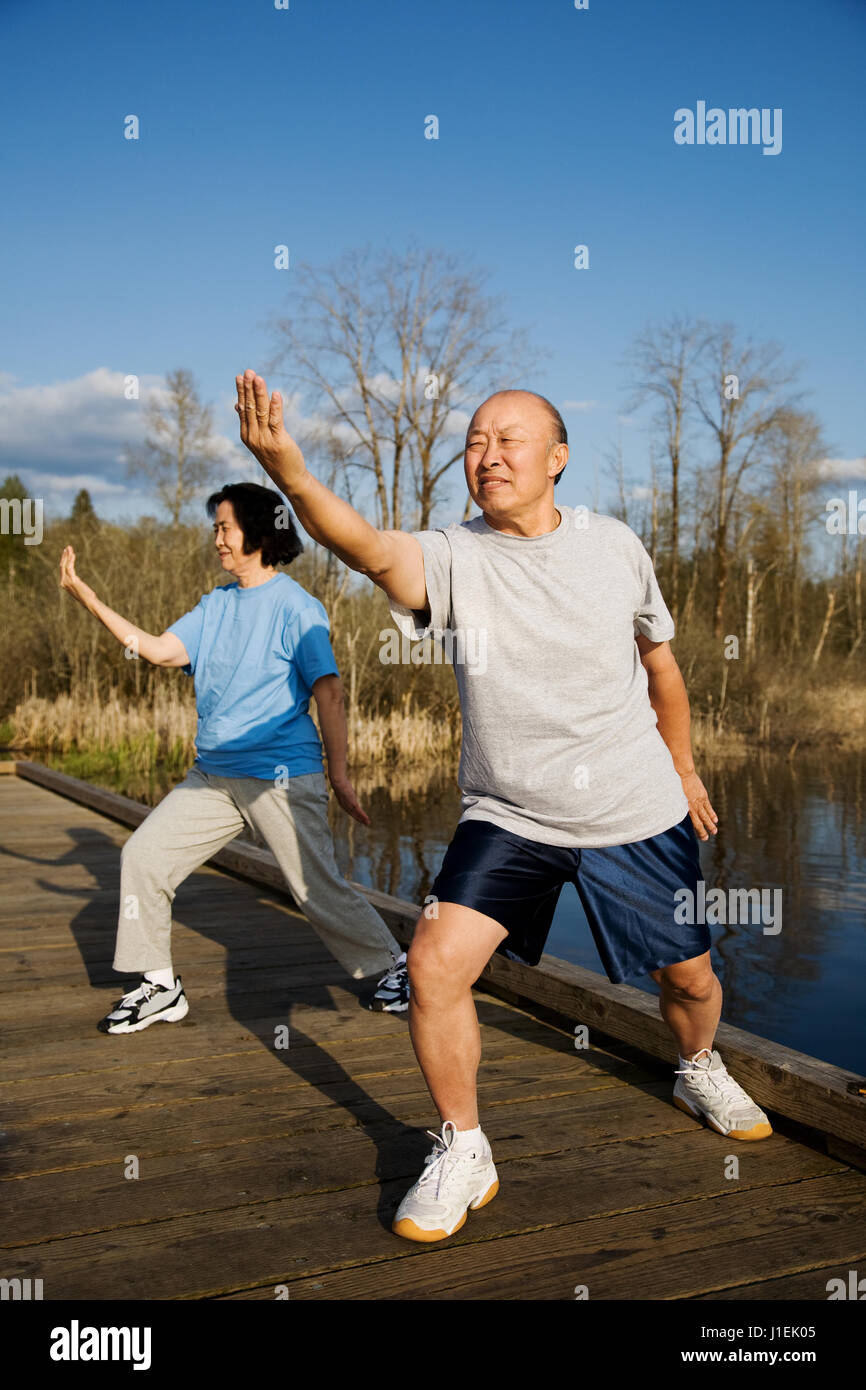 Un colpo di una coppia senior praticare il tai-chi esercizio Foto Stock