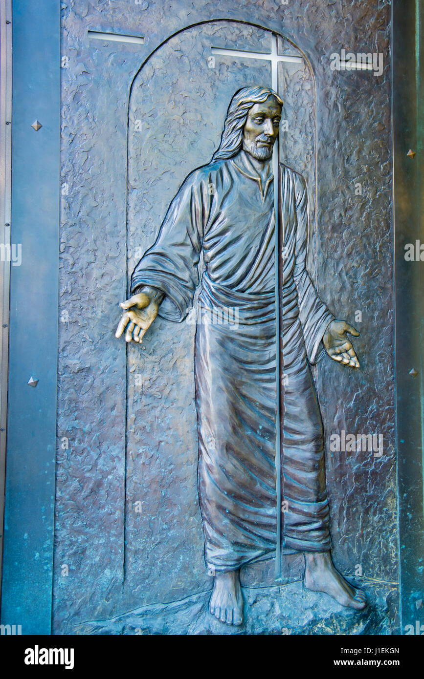 Gesù Cristo rilievo sulla porta della Basilica Cattedrale di Notre Dame de quebec Foto Stock