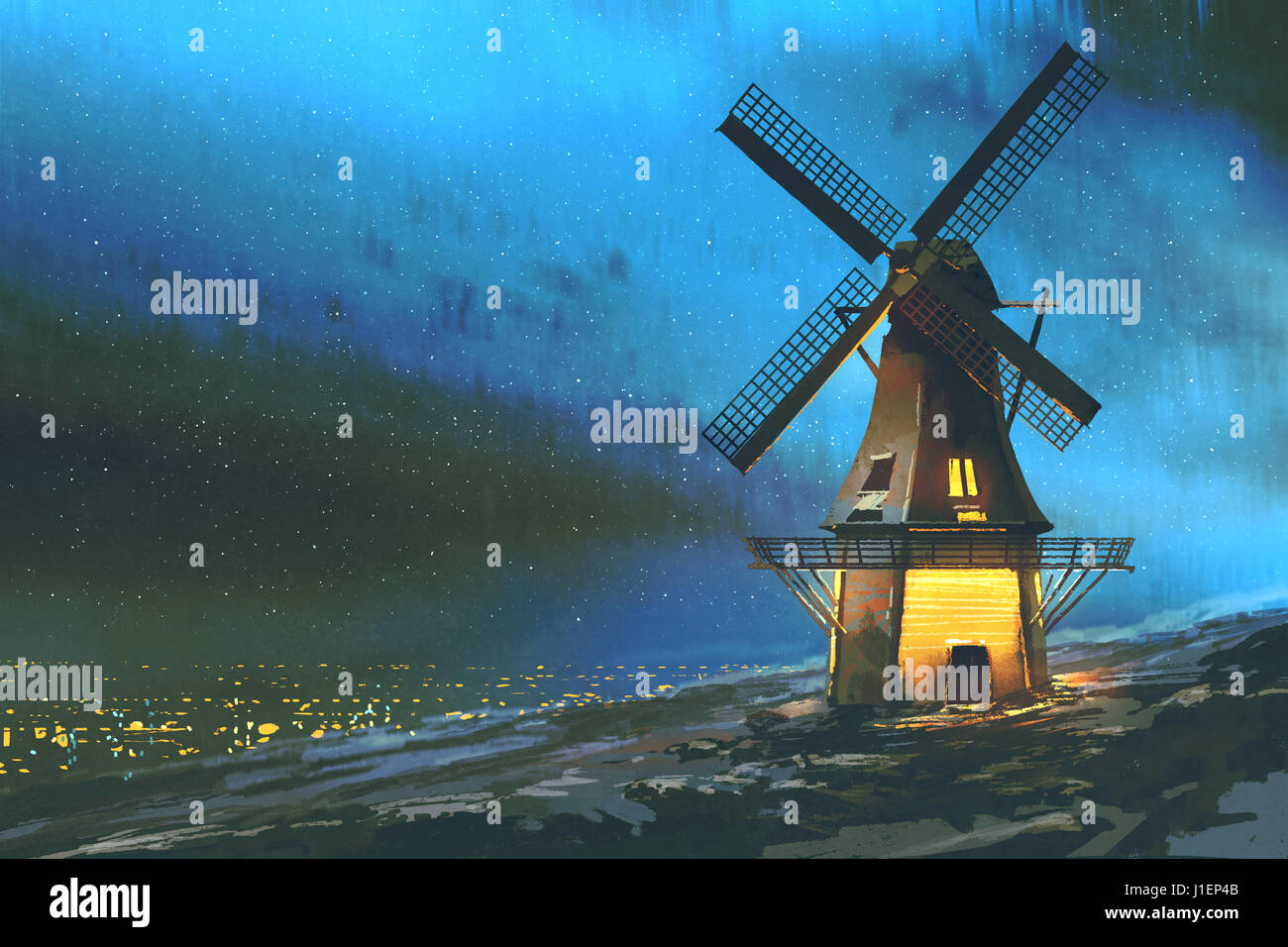 Arte digitale del paesaggio di notte con il mulino a vento sulla montagna in inverno, illustrazione pittura Foto Stock