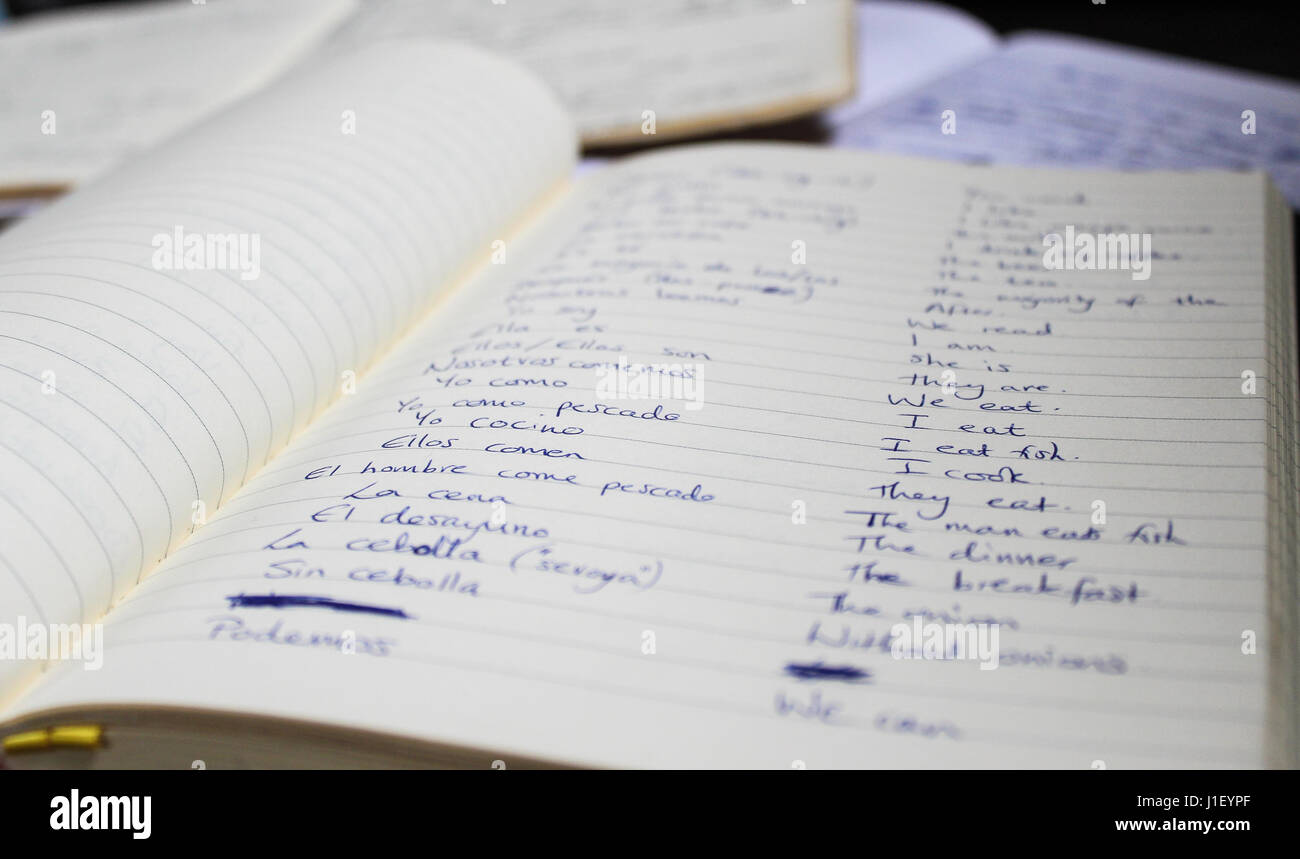 Imparare una nuova lingua con lo spagnolo note scritte nei notebook da scuola / università corso Foto Stock