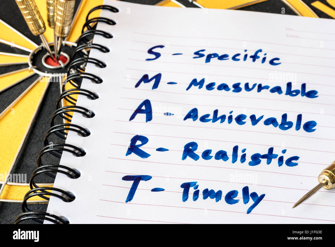 Parole S M A R T (SMART) in notebook e dart bersaglio su bullseye di dartboard, obiettivo di destinazione il successo degli investimenti delle imprese finanziarie il concetto di strategia, abst Foto Stock