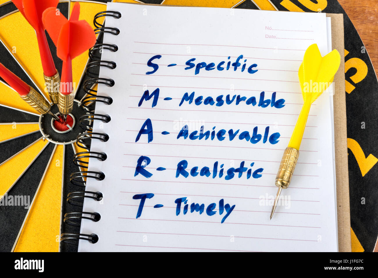 Parole smart per i notebook e dart bersaglio su bullseye di dartboard, obiettivo di destinazione il successo degli investimenti delle imprese finanziarie il concetto di strategia, backgro astratto Foto Stock