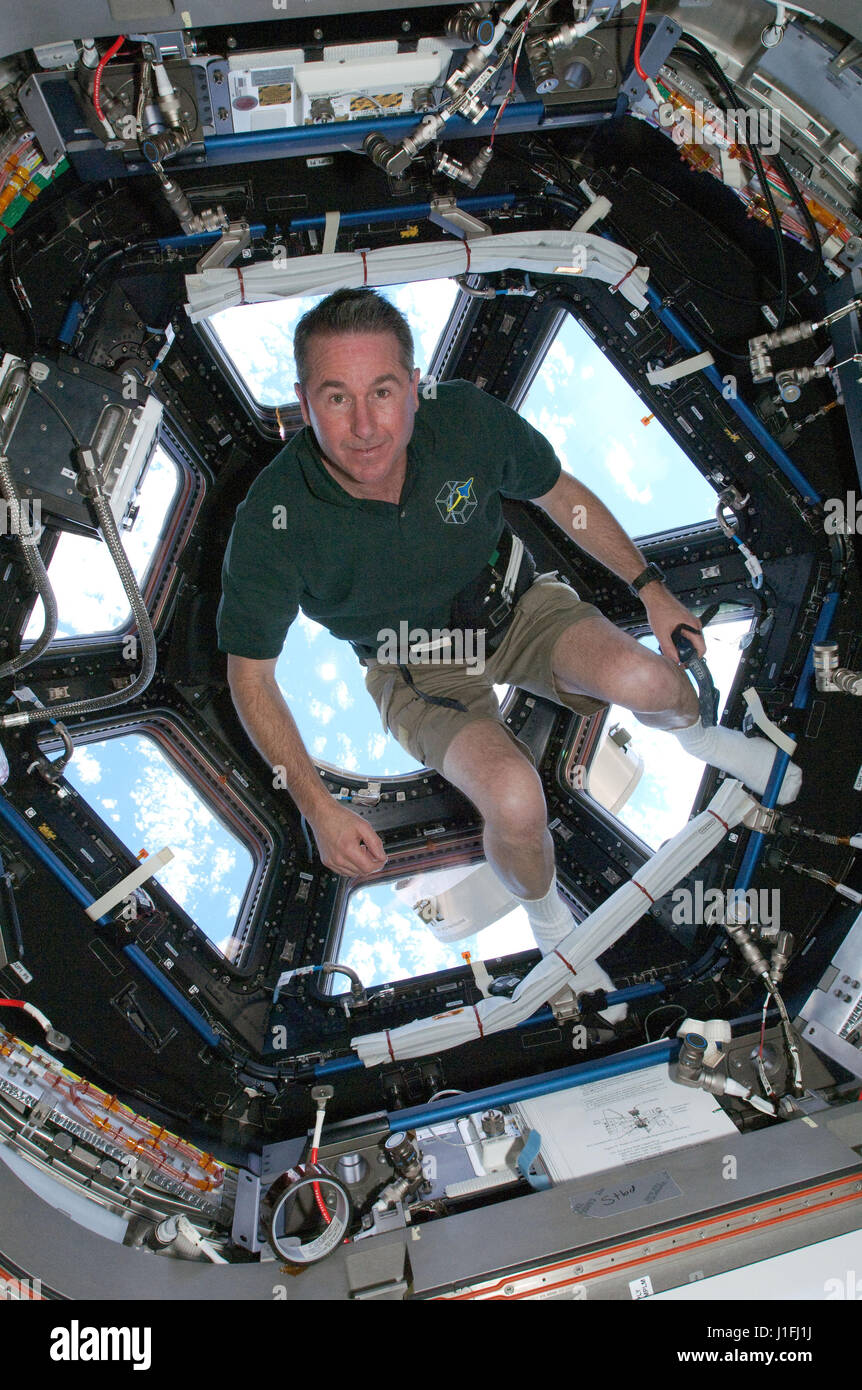 La NASA Stazione Spaziale Internazionale STS-130 missione il primo equipaggio astronauta Steve Robinson fluttua vicino le finestre del neo-installato ISS Cupola mentre lo Space Shuttle Endeavour docks con la stazione ferroviaria di Febbraio 17, 2010 in orbita intorno alla terra. (Foto di Foto NASA /NASA via Planetpix) Foto Stock