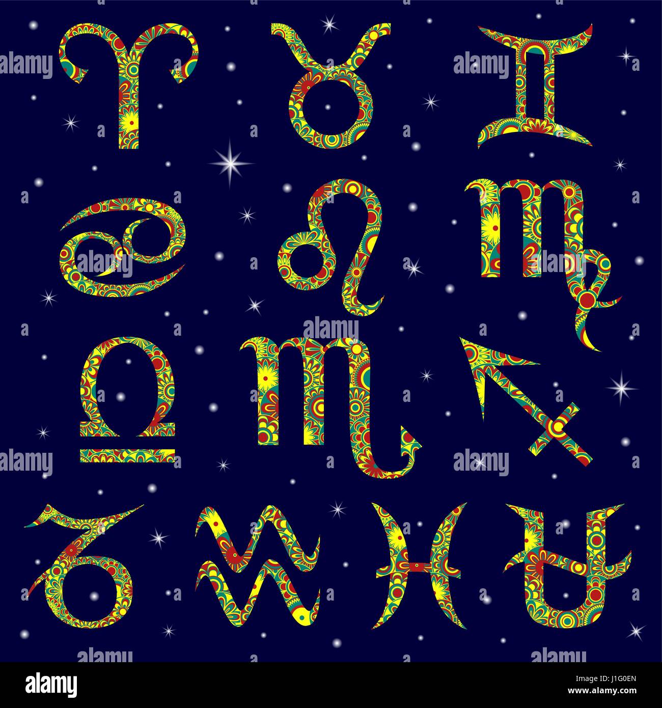 Set di dodici segni zodiacali di tradizionale e di altre alternative tredicesimo segno Ofiuco, fiori colorati caratteri di riempimento su uno sfondo buio bl Illustrazione Vettoriale Set di dodici segni zodiacali di tradizionale e di altre alternative tredicesimo segno Ofiuco, fiori colorati caratteri di riempimento su uno sfondo buio bl Illustrazione Vettoriale