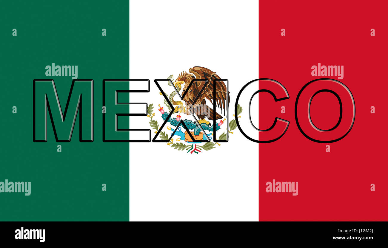 Illustrazione della bandiera nazionale del Messico con il paese scritta sulla bandiera. Foto Stock