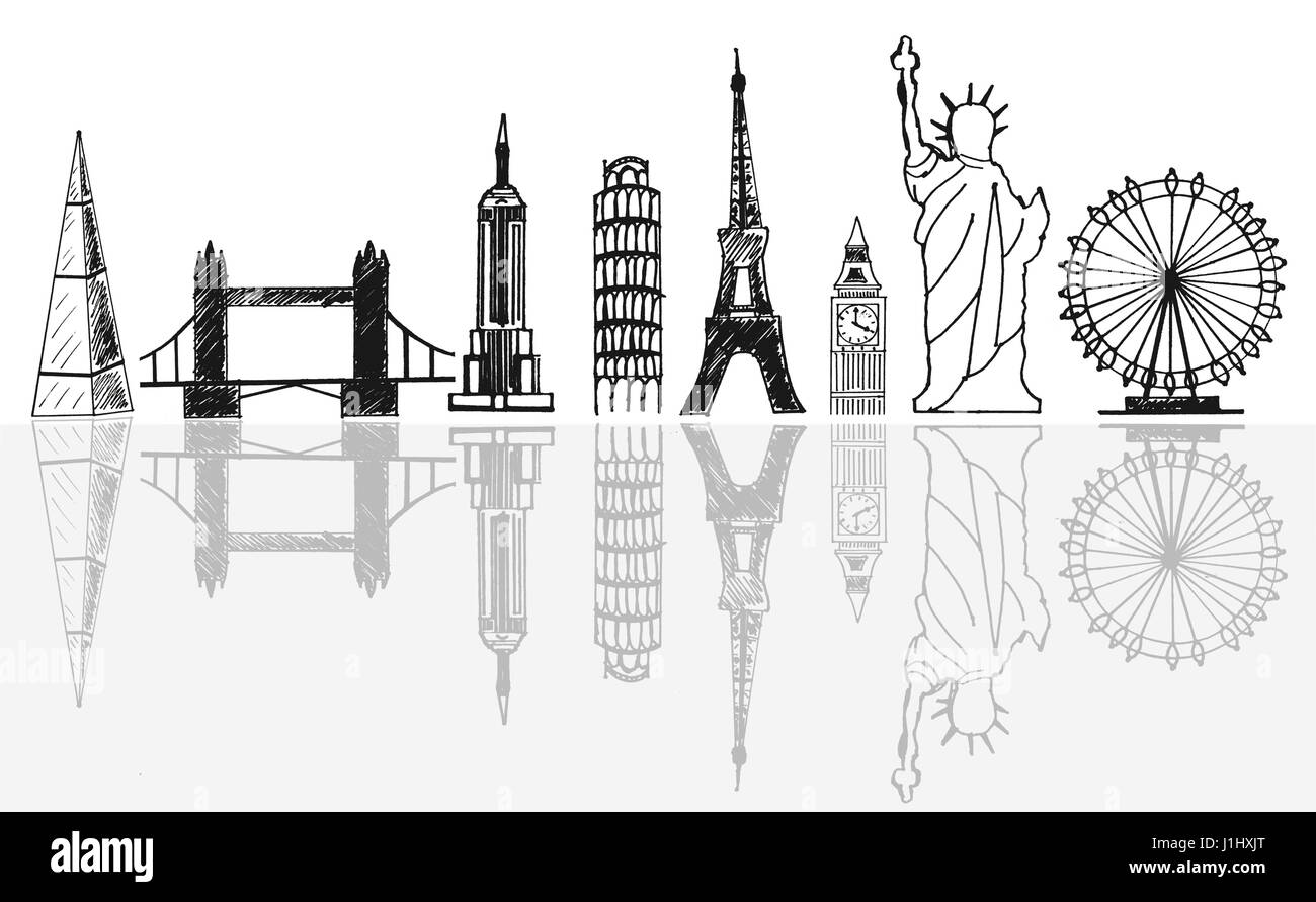 Schizzo di aereo globali attraverso punti di riferimento turistici skyline Foto Stock