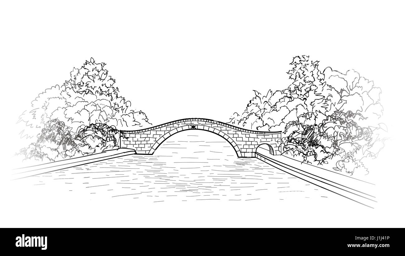 Ponte in vista del parco. città giardino paesaggio. incisione natura retrò skyline. doodle line art illustrazione. Illustrazione Vettoriale