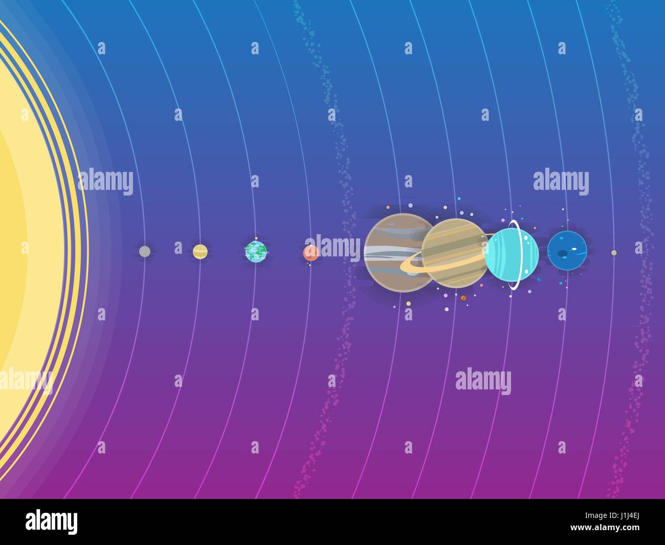 Sistema solare - pianeti, la cometa, satellite dei pianeti illustrazione piatta con dimensioni comparative Illustrazione Vettoriale