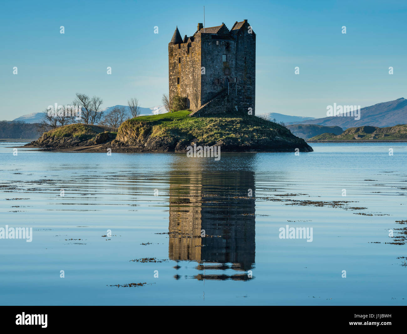 Castle Stalker in Loch Linnhe, altopiani, Glencoe, Scozia Foto Stock
