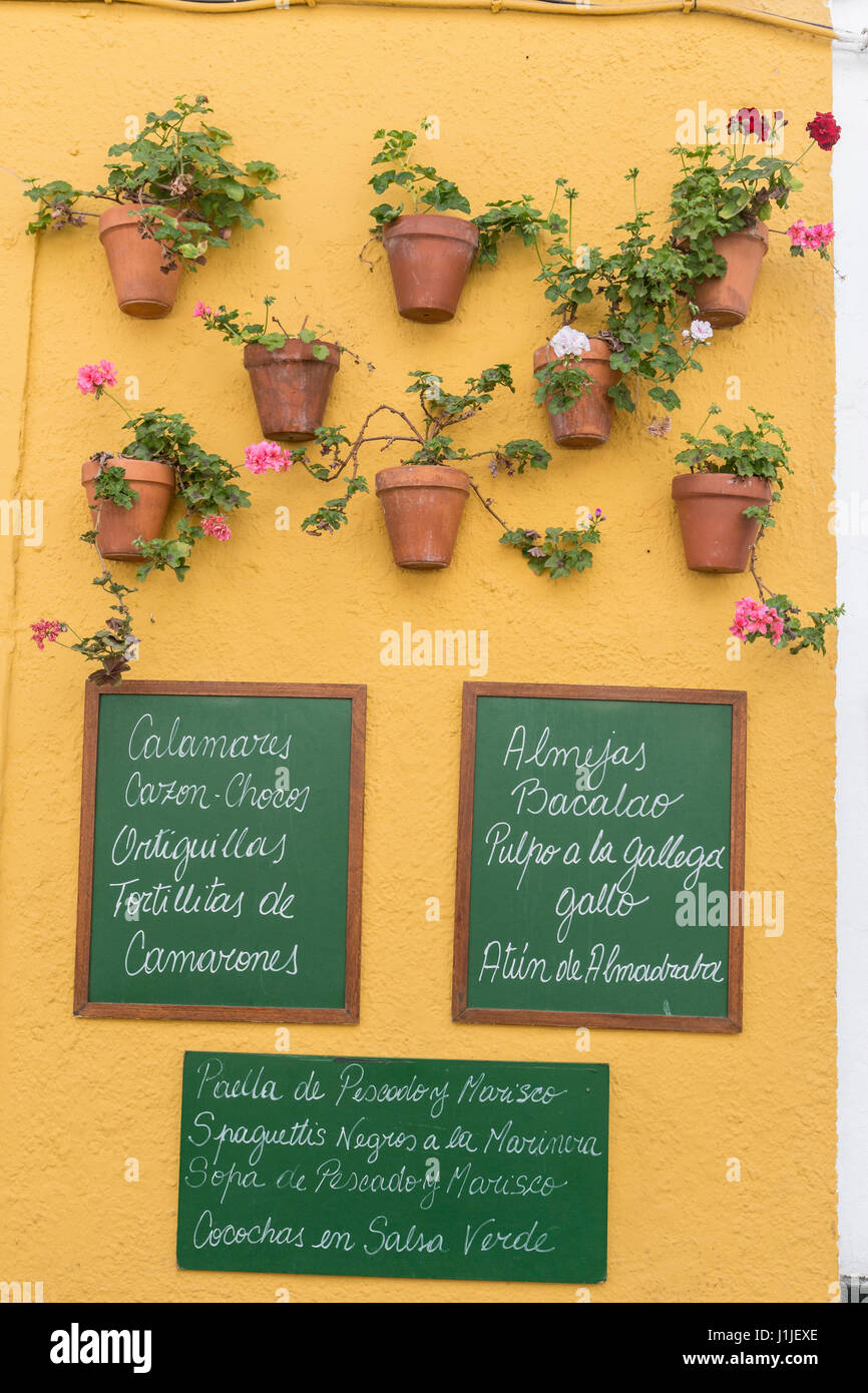 Poster di ardesia scritto con il menu di ristoranti tipici, decorazione Andalusa e pentole molto colorato a Cadice, Andalusia, Spagna Foto Stock