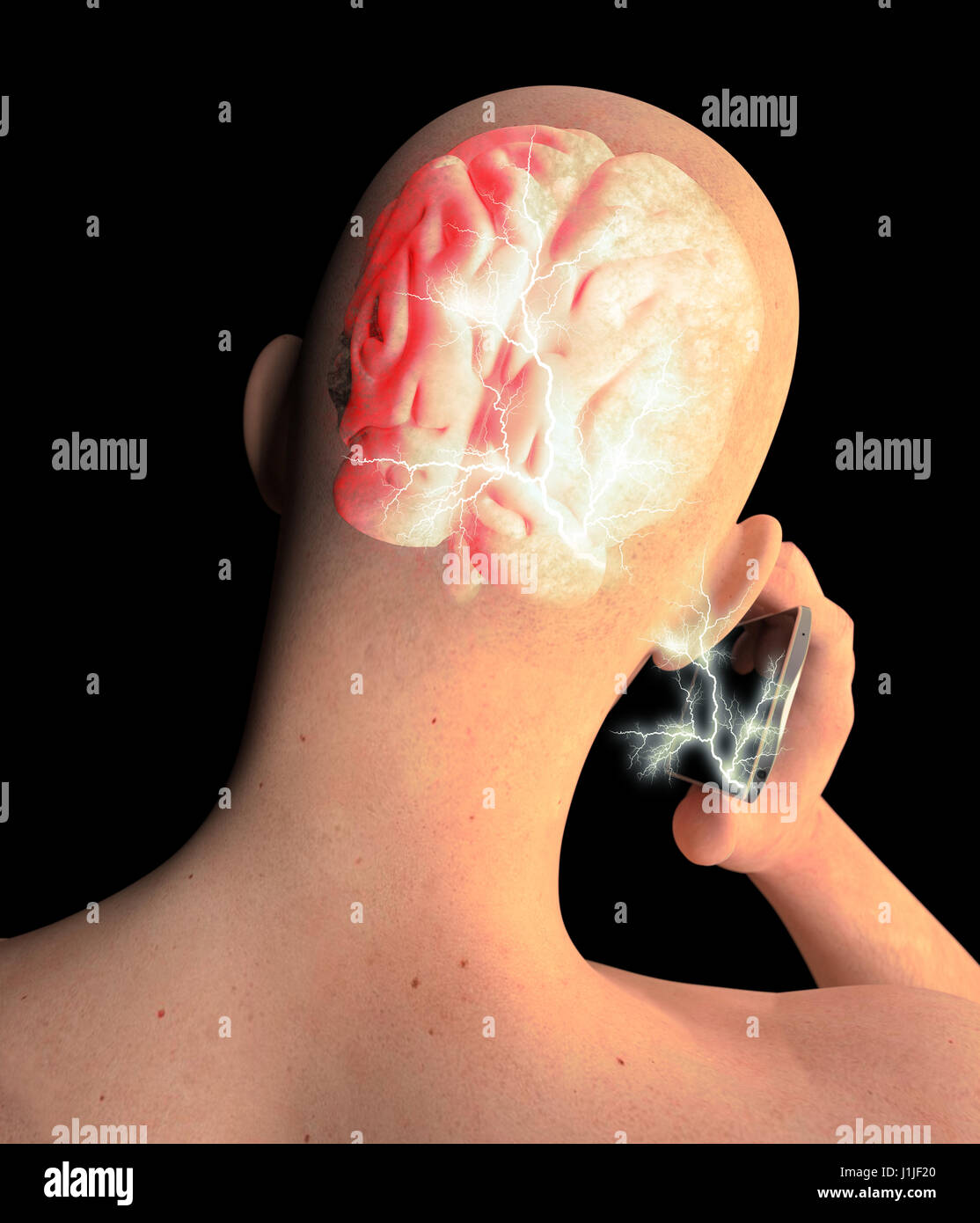 Cervello, l'uomo con un telefono cellulare, problemi di cervello, causa di tumore, malattie degenerative, il morbo di Parkinson, il profilo volto. Il rendering 3D Foto Stock
