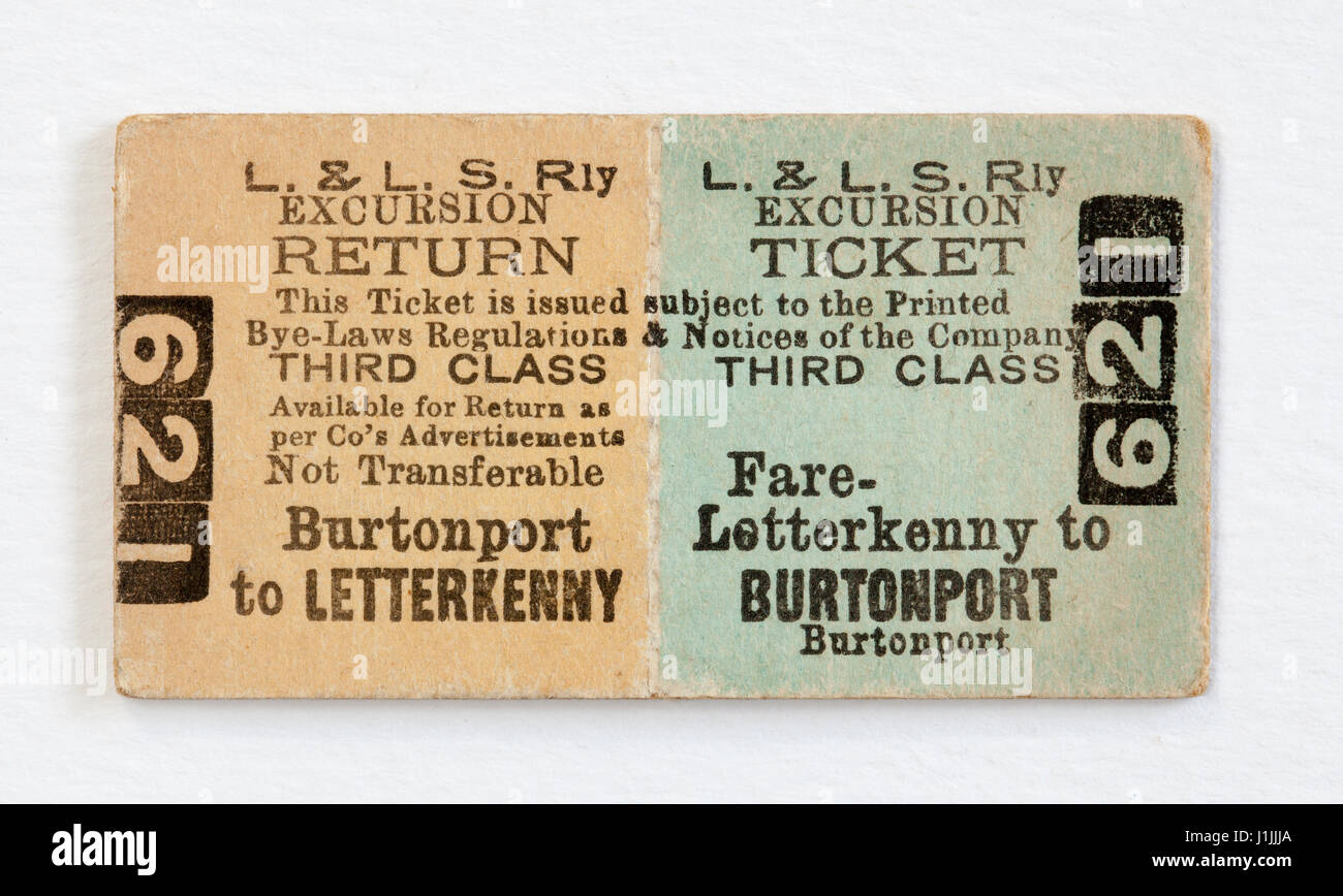 Vintage Irish L&LSR Ferroviarie Burtonport Ticket a Letterkenny terza classe di ritorno Foto Stock