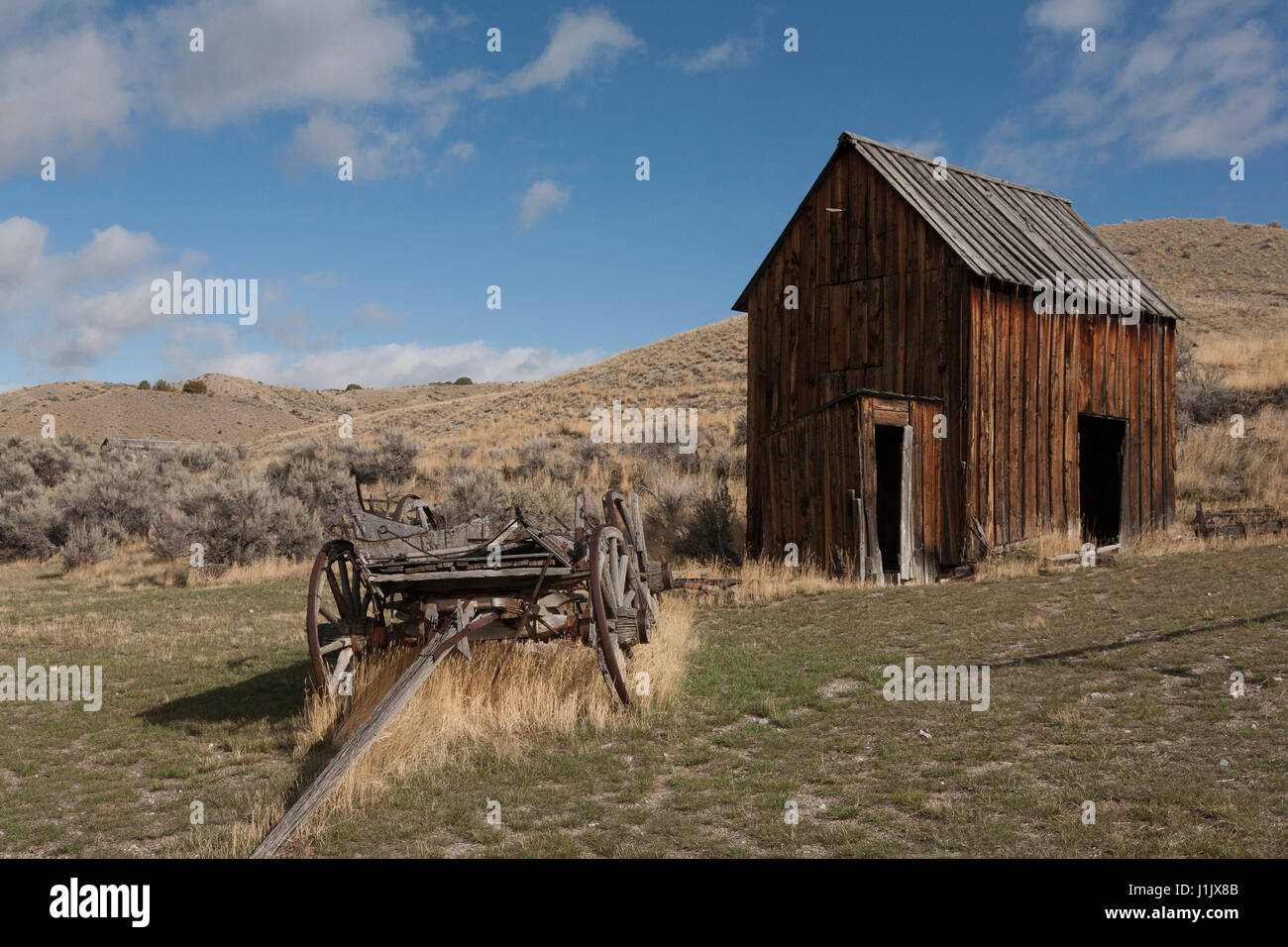 Cavallo e telaio del carro e il fienile di Bannack città fantasma, la prima capitale del Territorio del Montana. Stato di Bannack Park, Dillon, MT. Foto Stock
