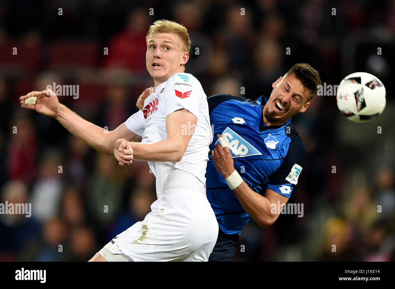 Colonia, Germania. Xxi Aprile, 2017. Hoffenheim's Sandro Wagner (R) e di Colonia di Frederik Sorensen si contendono la palla durante la Bundesliga tedesca partita di calcio tra 1. FC Colonia e TSG Heidenheim al RheinEnergieStadion stadium di Colonia, Germania, 21 aprile 2017. Foto: Jonas Güttler/dpa/Alamy Live News Foto Stock