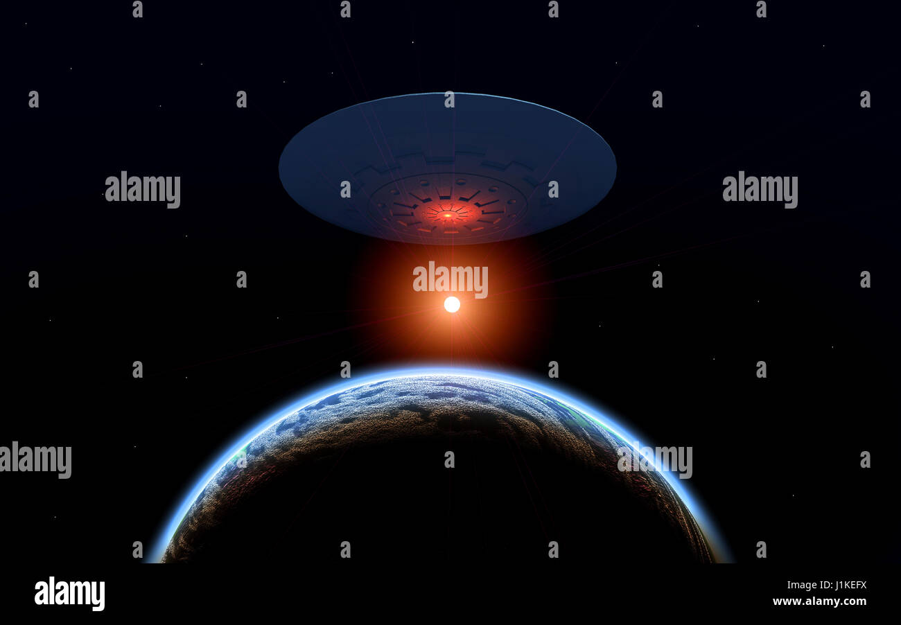 Un Flying Saucer sia in partenza o in arrivo al suo Alien homeworld. Foto Stock