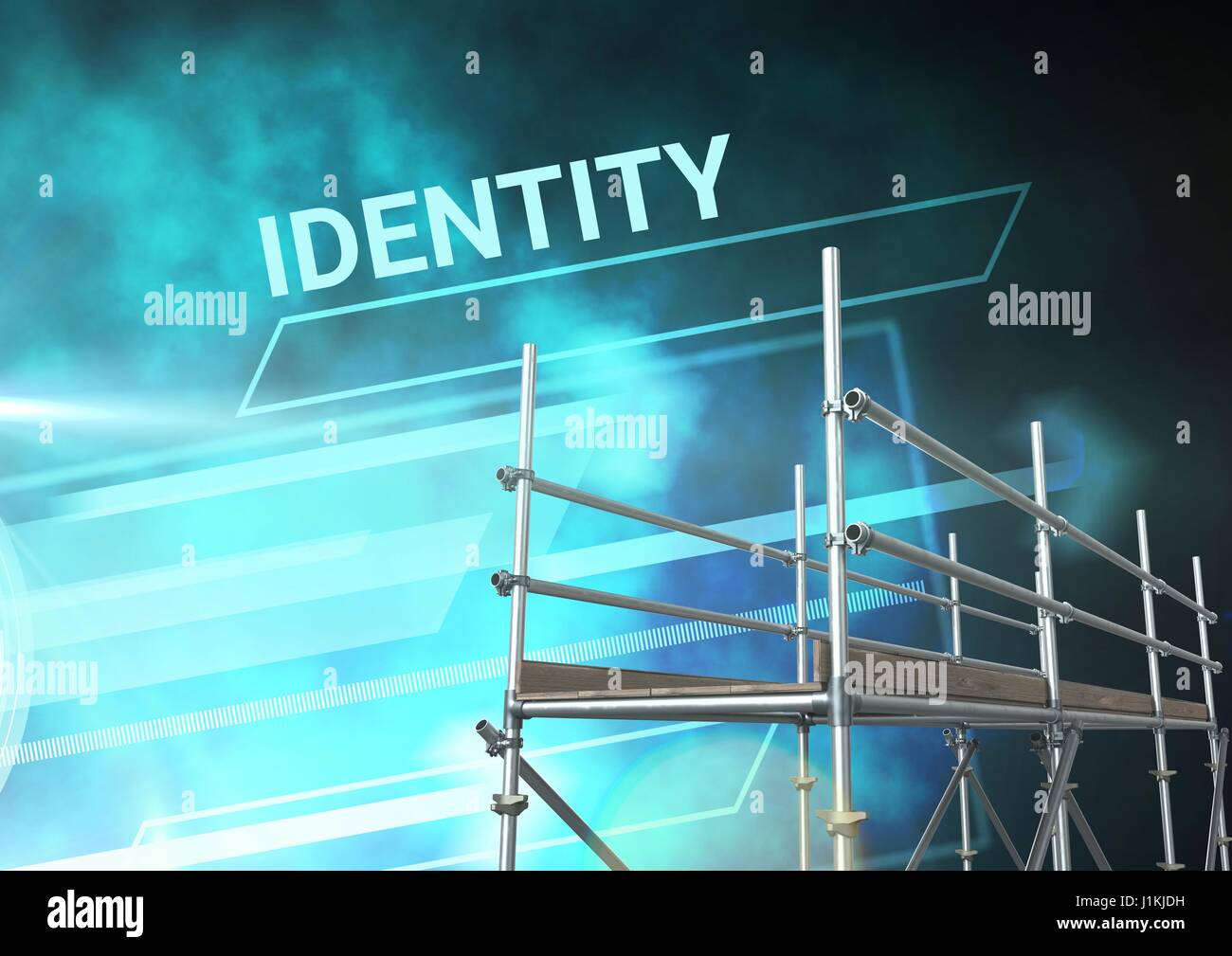 Digital composito di identità con testo 3D per ponteggi e interfaccia di tecnologia Foto Stock