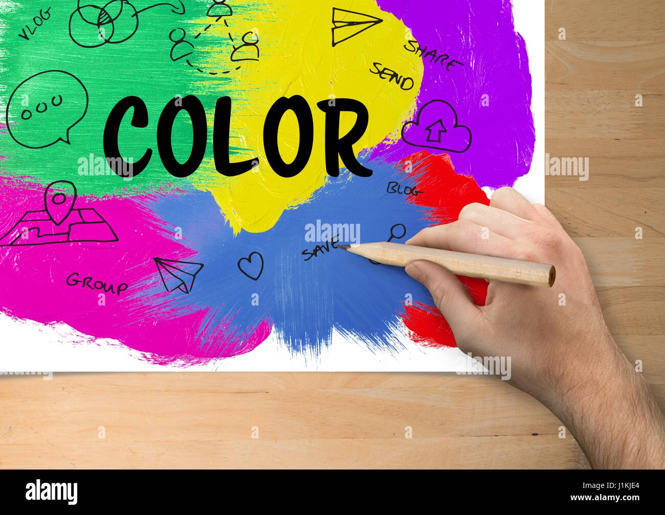 Digital composito di grafici a colori su un foglio di carta. Mano di disegno Foto Stock
