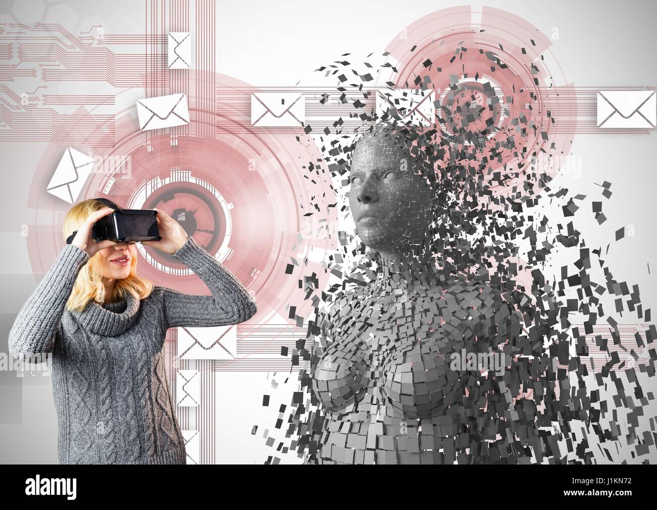 Digital composito della donna che guarda la 3d femmina sparsi su occhiali VR Foto Stock