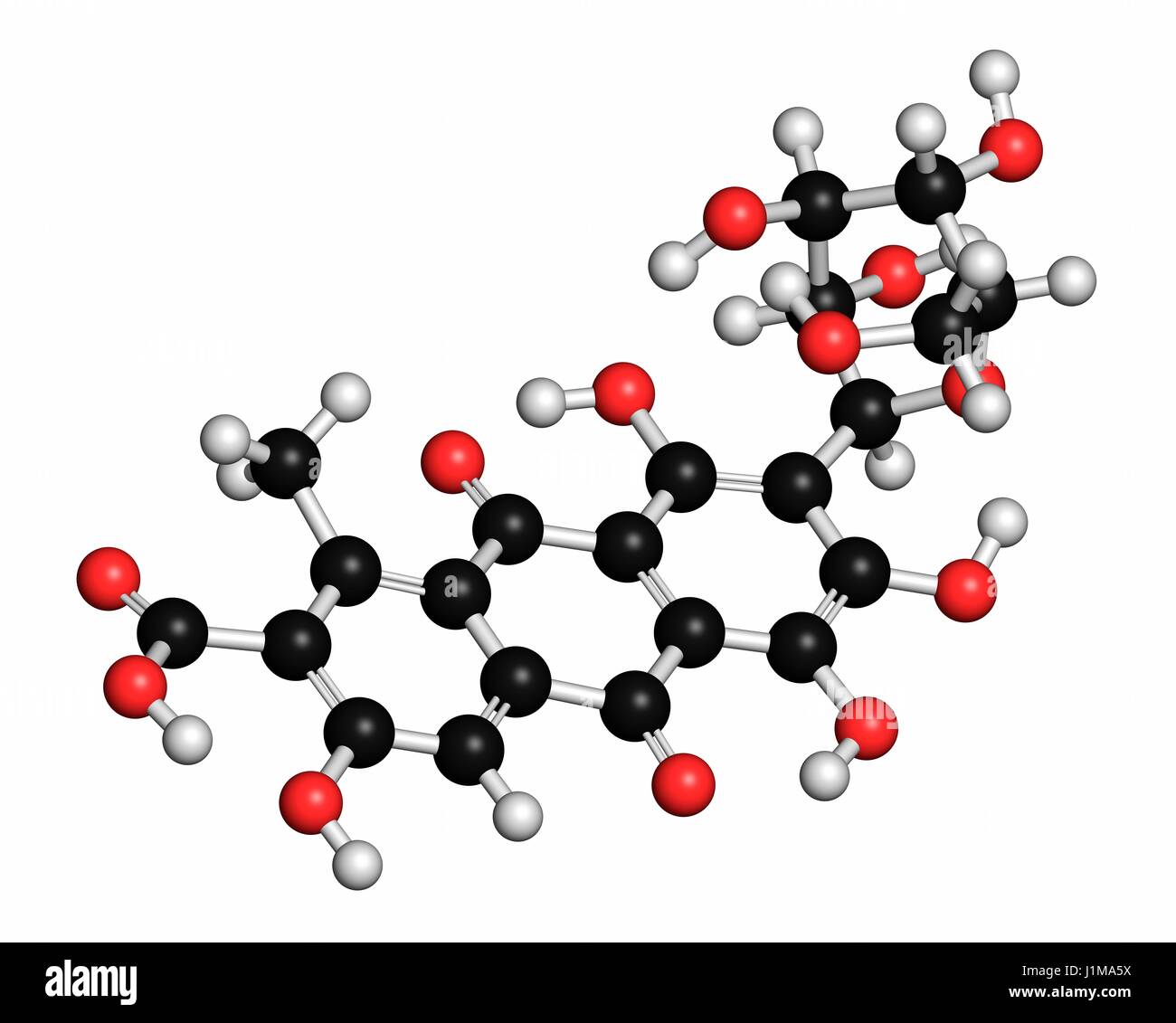 Acido Carminic molecola di pigmento. Avviene naturalmente con la cocciniglia (scala insetto). Gli atomi sono rappresentati come sfere con i tradizionali colori: idrogeno (bianco), carbonio (grigio), Ossigeno (rosso). Foto Stock