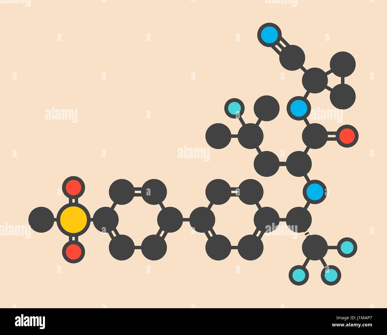 Odanacatib osteoporosi e metastasi ossee molecola di farmaco. Inibitore della catepsina K. stilizzata di scheletro di formula (struttura chimica): gli atomi sono mostrati come codificati per colore cerchi: idrogeno (nascosto), carbonio (grigio), Azoto (blu), Ossigeno (rosso), zolfo (giallo), Foto Stock
