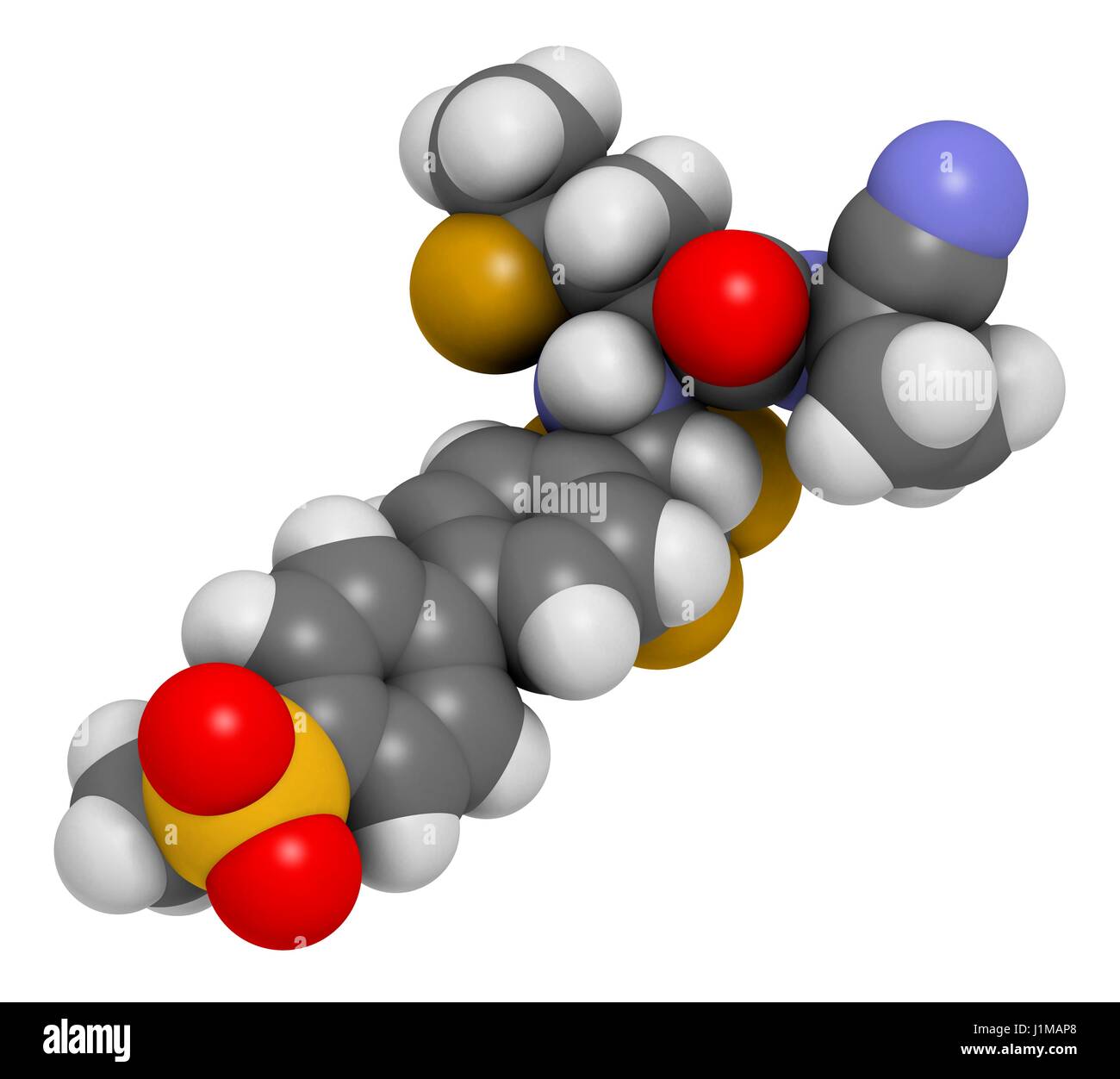 Odanacatib osteoporosi e metastasi ossee molecola di farmaco. Inibitore della catepsina K. il rendering 3D. Gli atomi sono rappresentati come sfere con i tradizionali colori: idrogeno (bianco), carbonio (grigio), Azoto (blu), Ossigeno (rosso), zolfo (giallo), fluoro Foto Stock