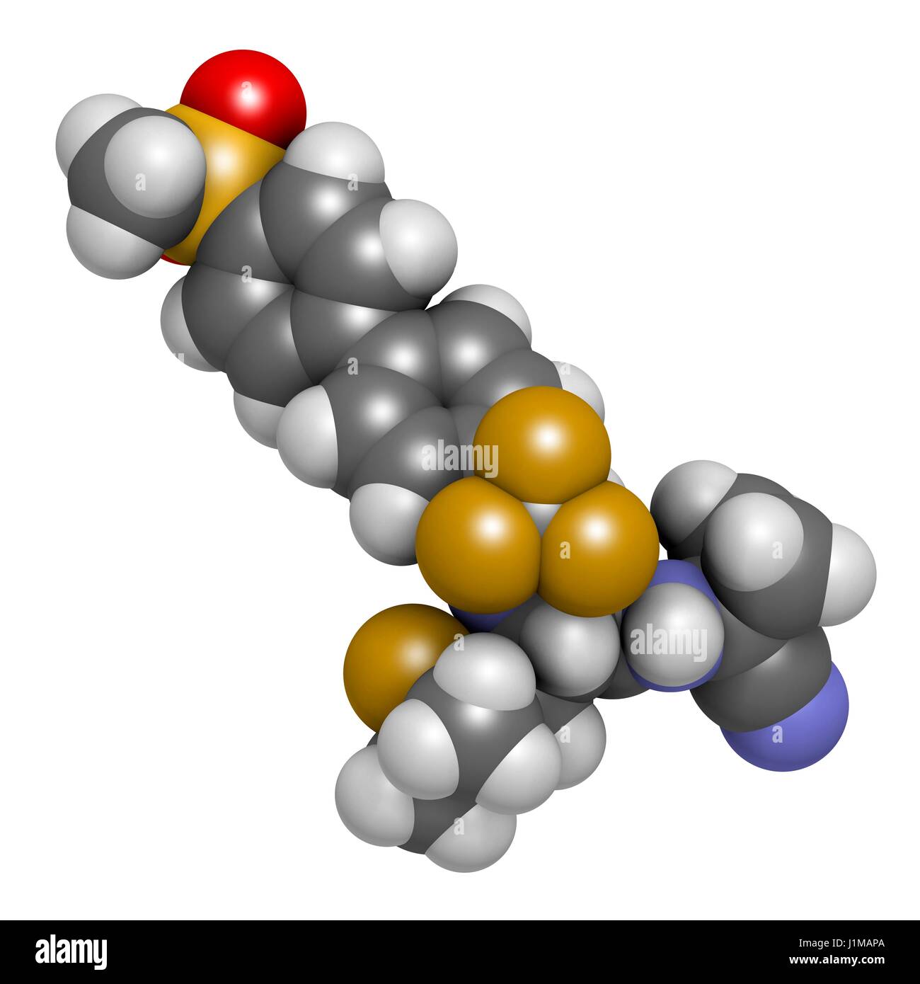 Odanacatib osteoporosi e metastasi ossee molecola di farmaco. Inibitore della catepsina K. il rendering 3D. Gli atomi sono rappresentati come sfere con i tradizionali colori: idrogeno (bianco), carbonio (grigio), Azoto (blu), Ossigeno (rosso), zolfo (giallo), fluoro Foto Stock