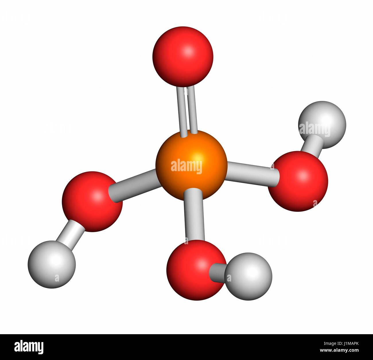 Acido fosforico acido minerale molecola. Utilizzato nella produzione di  fertilizzanti, tamponi biologici, come additivo alimentare, ecc. Gli atomi  sono rappresentati come sfere con i tradizionali colori: idrogeno (bianco),  Ossigeno (rosso), Fosforo