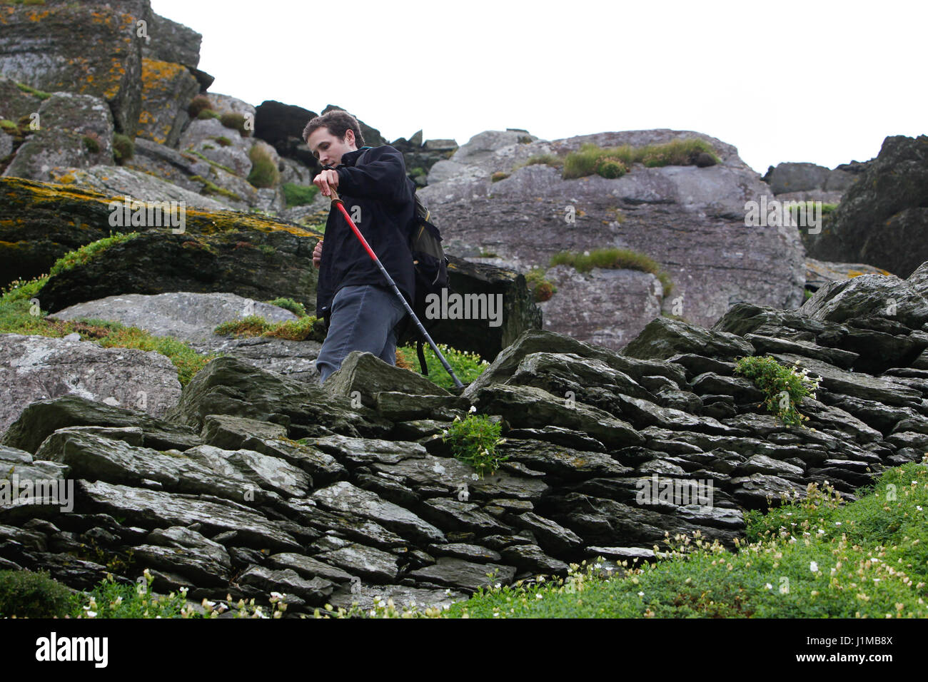 A piedi il ripido sentiero lastricato su Skellig Michael, nella contea di Kerry. L'isola fu un monastero 1500 anni fa e ora è un sito Patrimonio Mondiale dell'Unesco Foto Stock