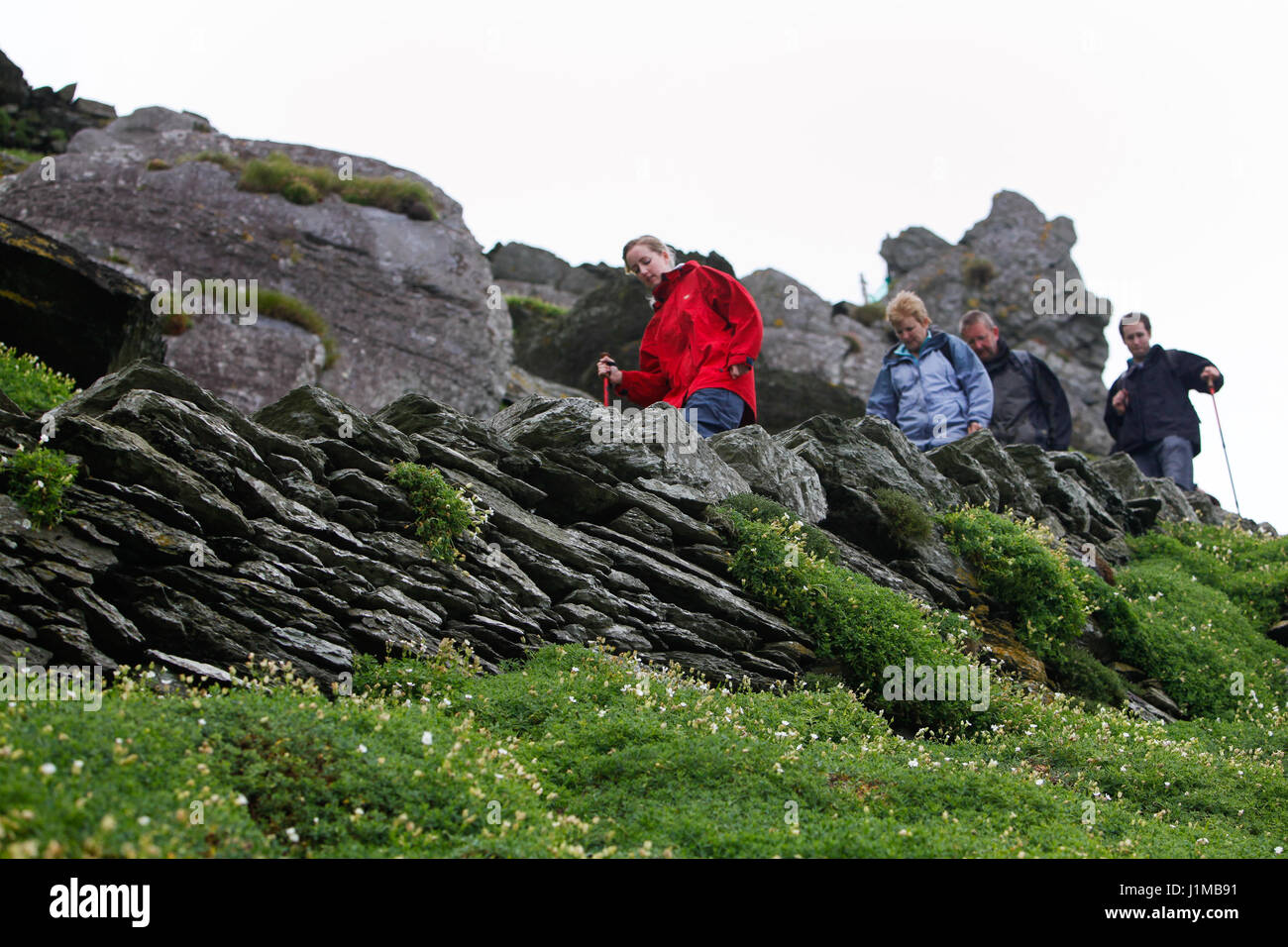 Un gruppo di persone a piedi il ripido sentiero lastricato su Skellig Michael, nella contea di Kerry. L'isola fu un monastero 1500 anni fa e ora è un patrimonio mondiale Foto Stock