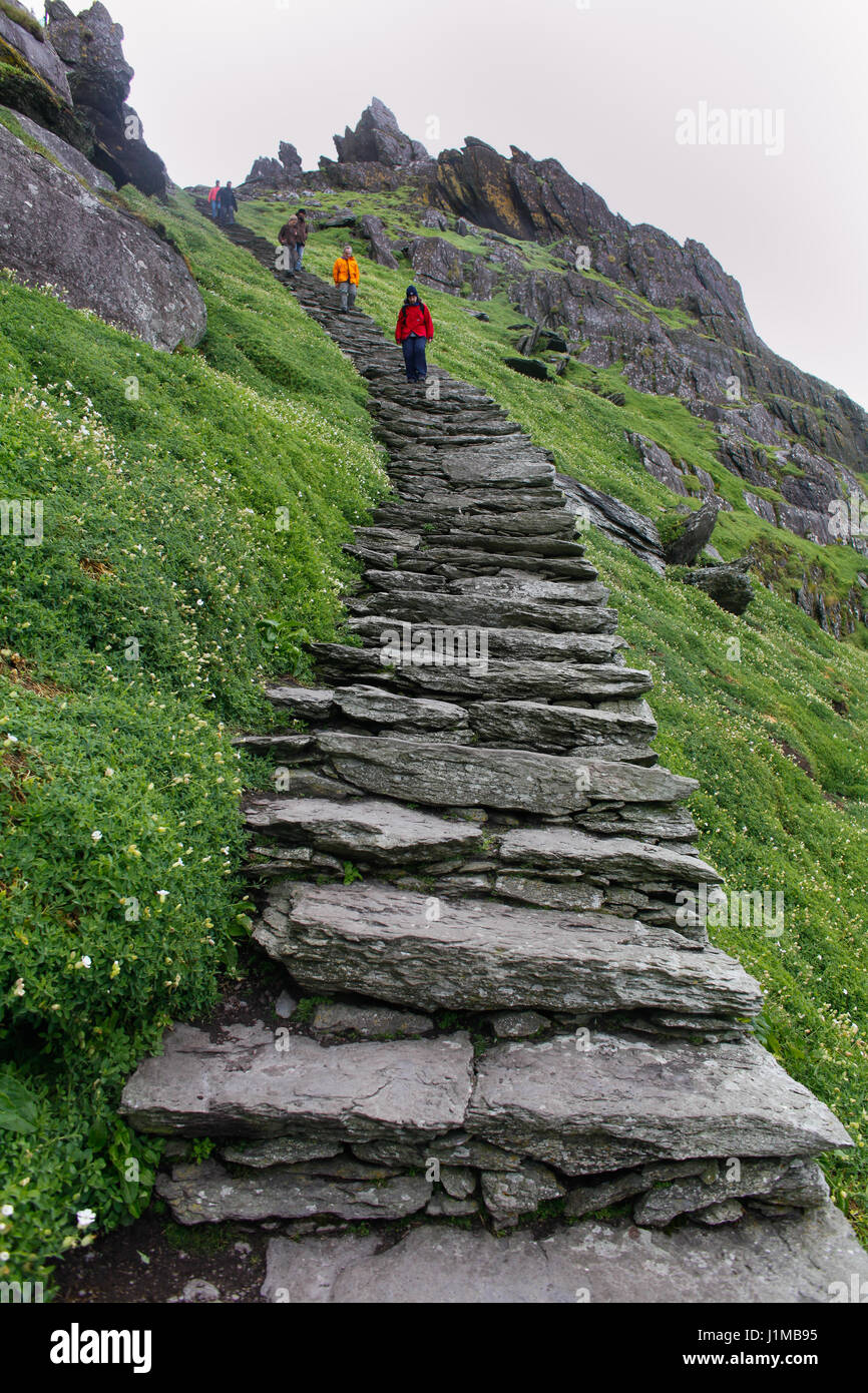 A piedi il ripido sentiero lastricato su Skellig Michael, nella contea di Kerry. L'isola fu un monastero 1500 anni fa e ora è un sito Patrimonio Mondiale dell'Unesco Foto Stock
